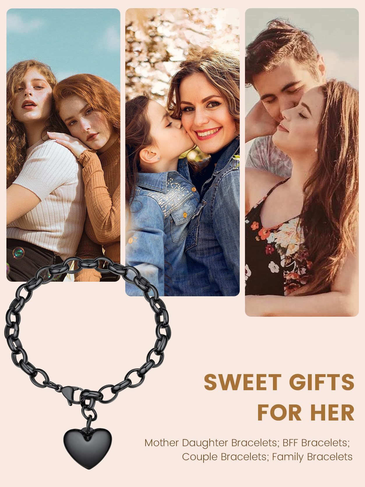 KeyStyle Heart Charm Bracelets for Women Chain Bracelet Black Adjustable Link Bracelets Valentine's Day Jewelry Gift for Girlfriend