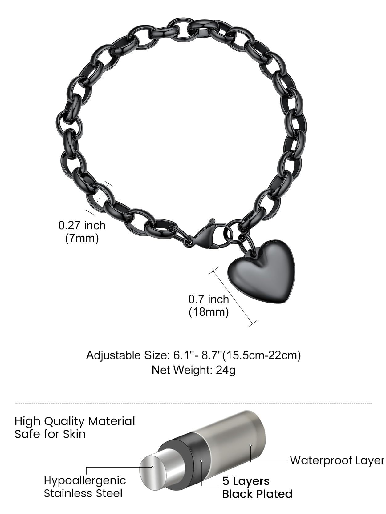 KeyStyle Heart Charm Bracelets for Women Chain Bracelet Black Adjustable Link Bracelets Valentine's Day Jewelry Gift for Girlfriend