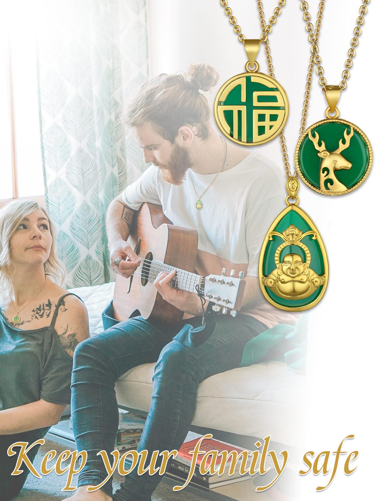 KeyStyle Gold Plated Pendant Necklace for Women Lucky Deer Necklace with Green Jade Amulet Pendant Jewelry Anniversary Gift for Wife