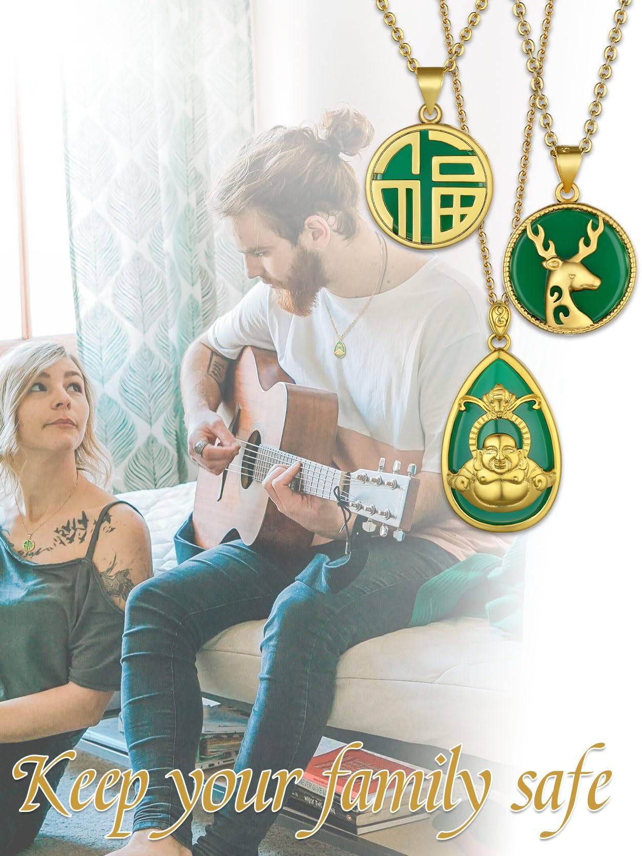 KeyStyle Gold Plated Pendant Necklace for Women Lucky Deer Necklace with Green Jade Amulet Pendant Jewelry Anniversary Gift for Wife
