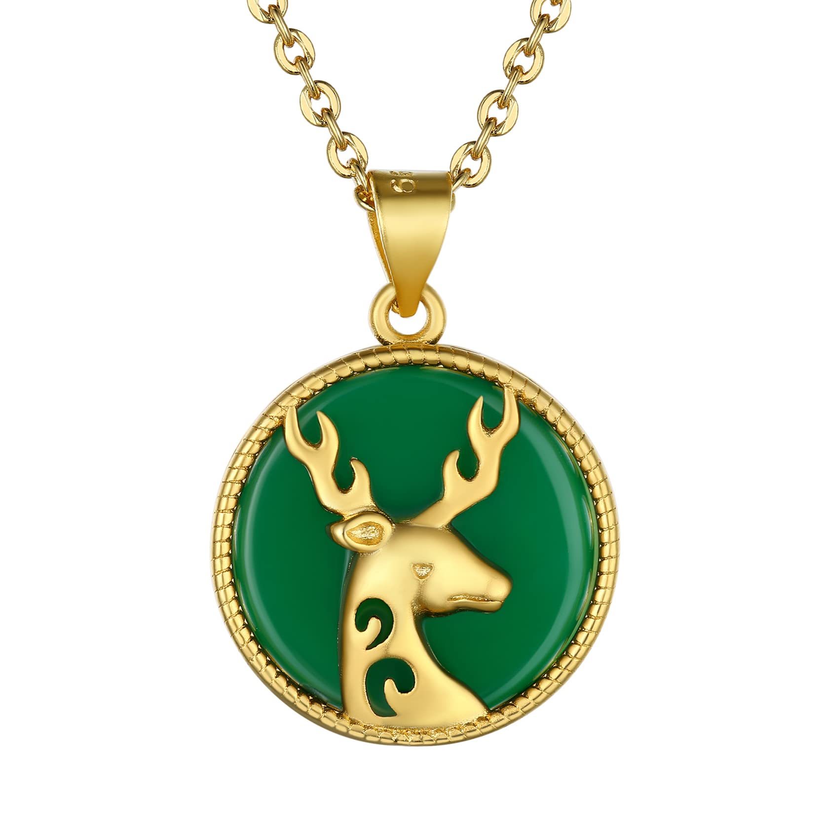 KeyStyle Gold Plated Pendant Necklace for Women Lucky Deer Necklace with Green Jade Amulet Pendant Jewelry Anniversary Gift for Wife
