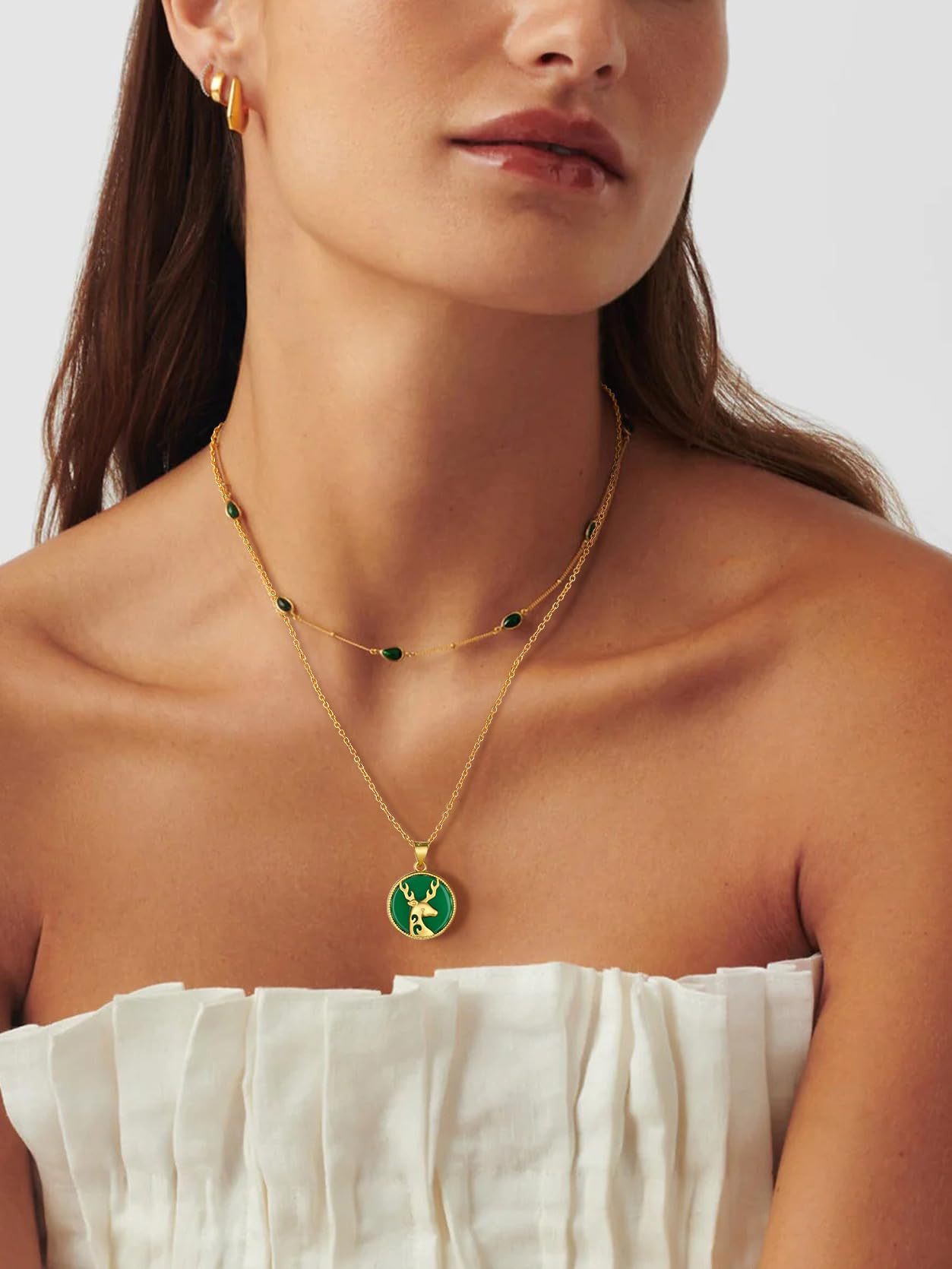 KeyStyle Gold Plated Pendant Necklace for Women Lucky Deer Necklace with Green Jade Amulet Pendant Jewelry Anniversary Gift for Wife
