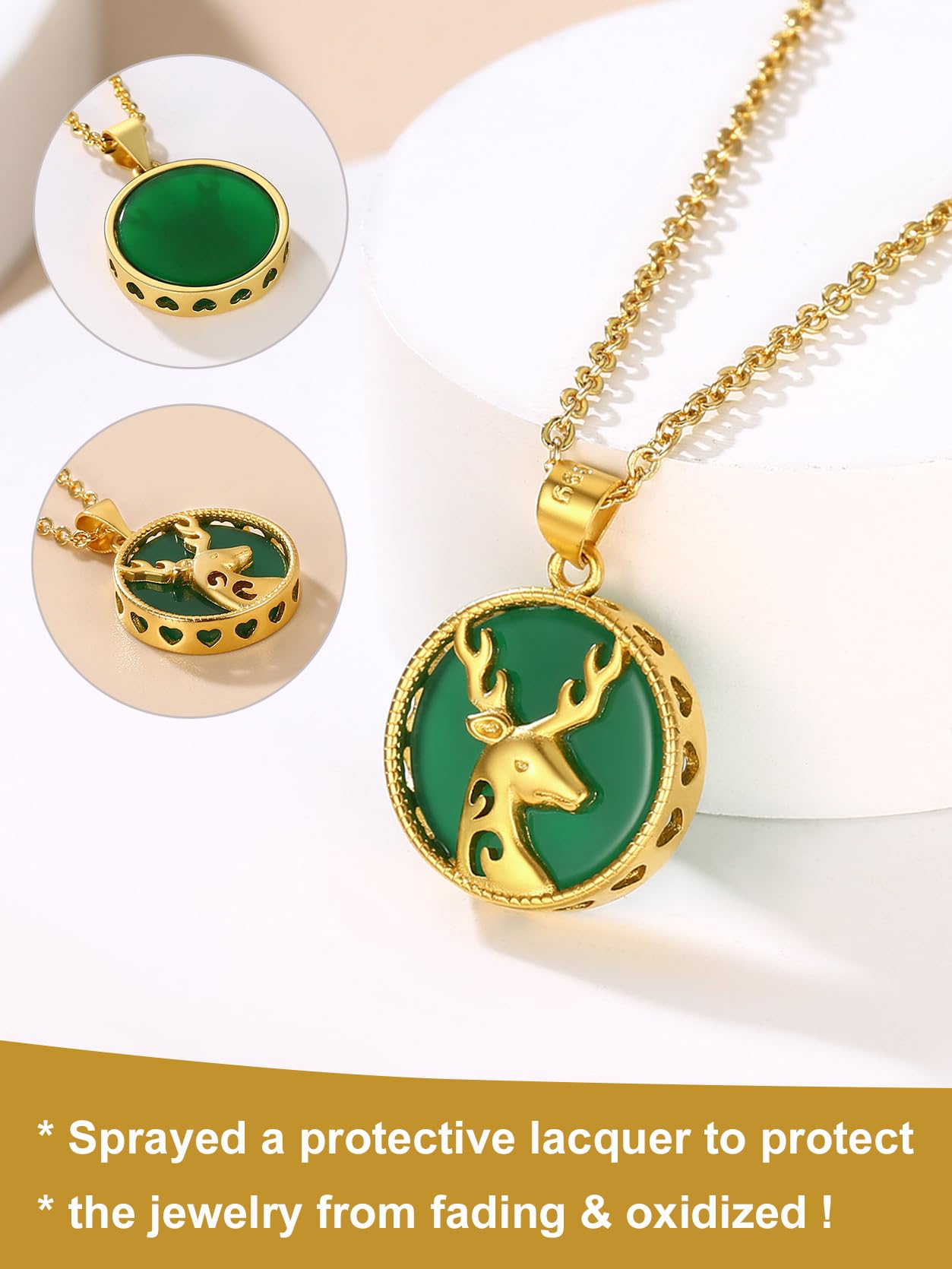 KeyStyle Gold Plated Pendant Necklace for Women Lucky Deer Necklace with Green Jade Amulet Pendant Jewelry Anniversary Gift for Wife