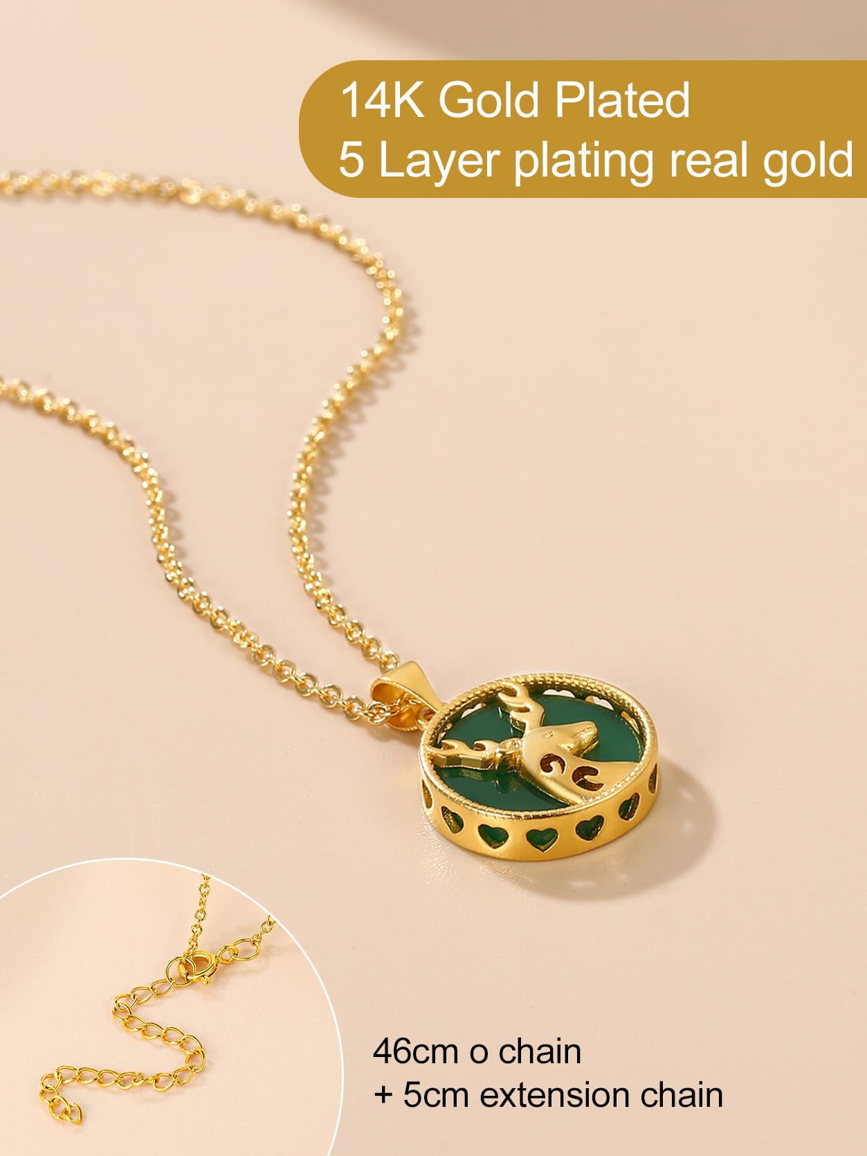 KeyStyle Gold Plated Pendant Necklace for Women Lucky Deer Necklace with Green Jade Amulet Pendant Jewelry Anniversary Gift for Wife