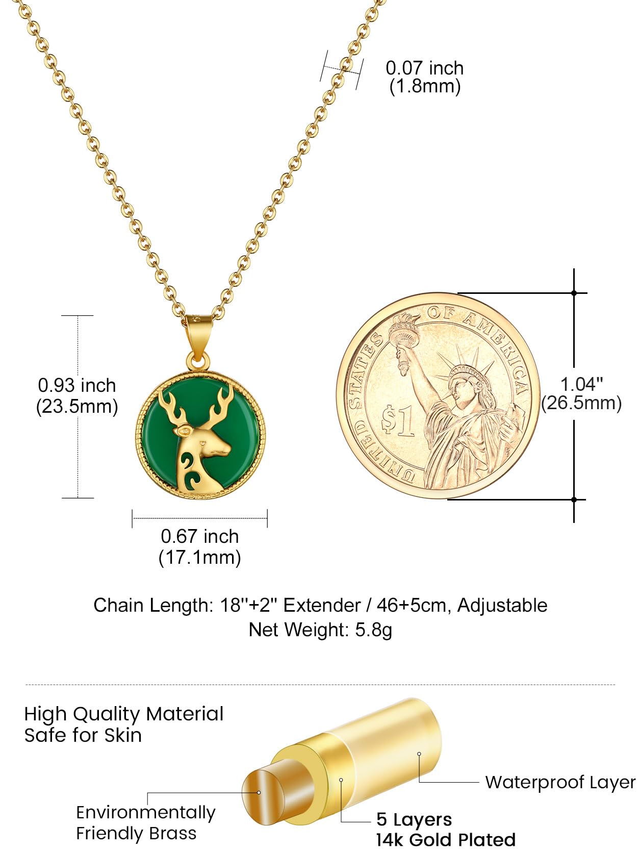 KeyStyle Gold Plated Pendant Necklace for Women Lucky Deer Necklace with Green Jade Amulet Pendant Jewelry Anniversary Gift for Wife