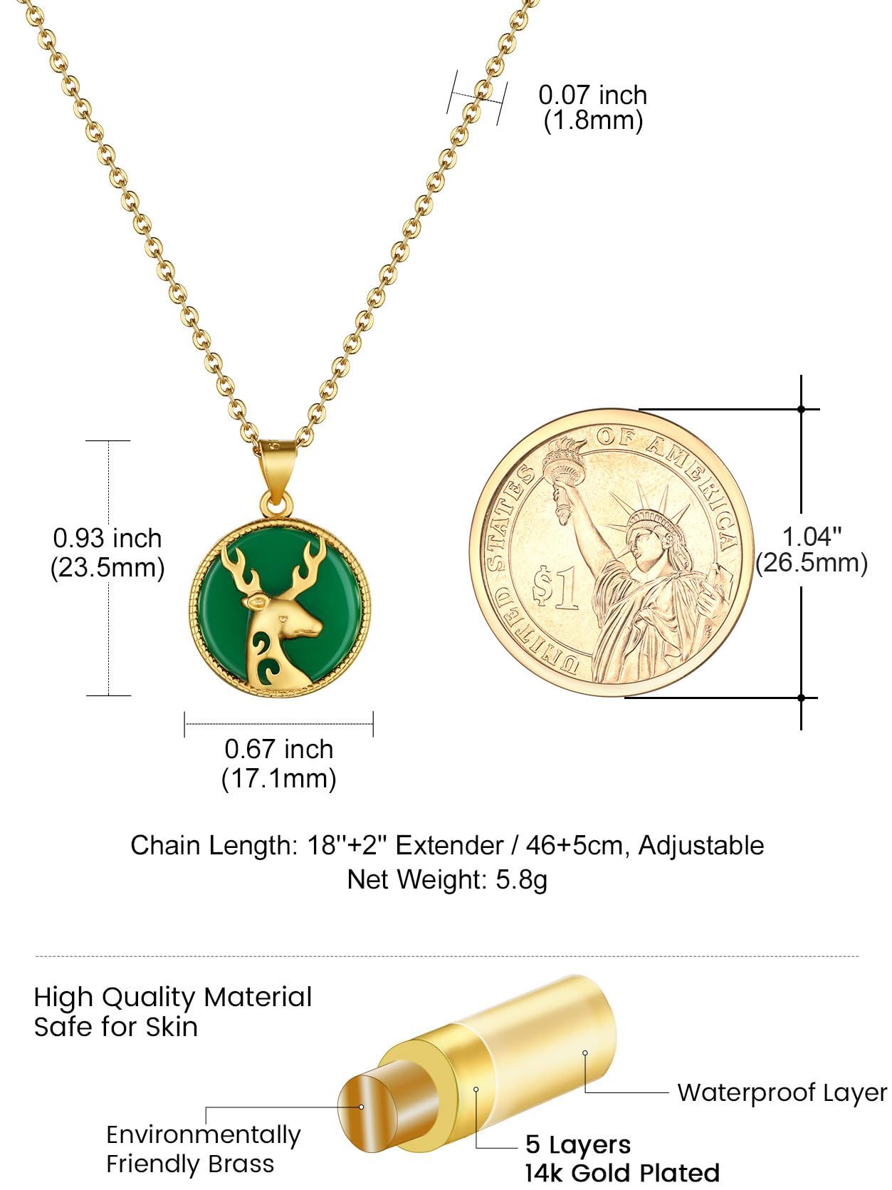 KeyStyle Gold Plated Pendant Necklace for Women Lucky Deer Necklace with Green Jade Amulet Pendant Jewelry Anniversary Gift for Wife