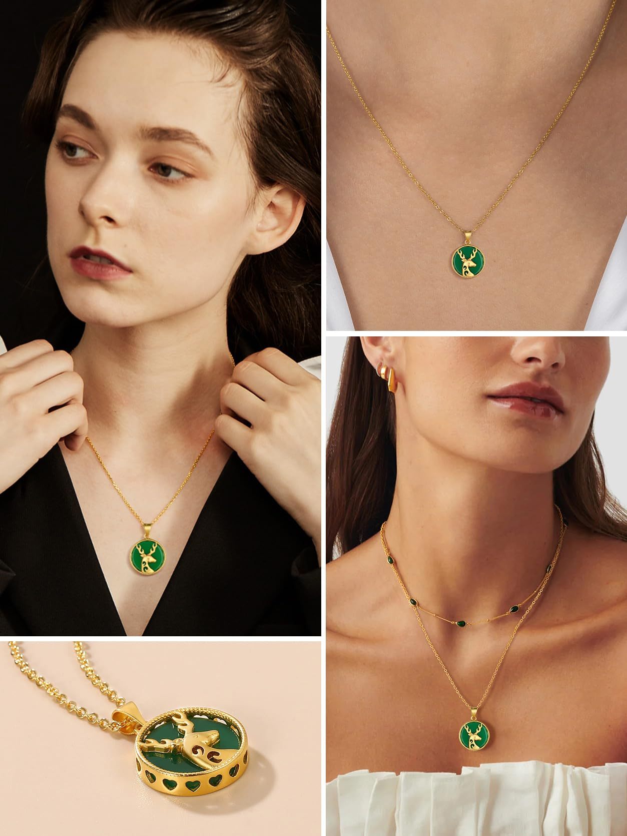 KeyStyle Gold Plated Pendant Necklace for Women Lucky Deer Necklace with Green Jade Amulet Pendant Jewelry Anniversary Gift for Wife