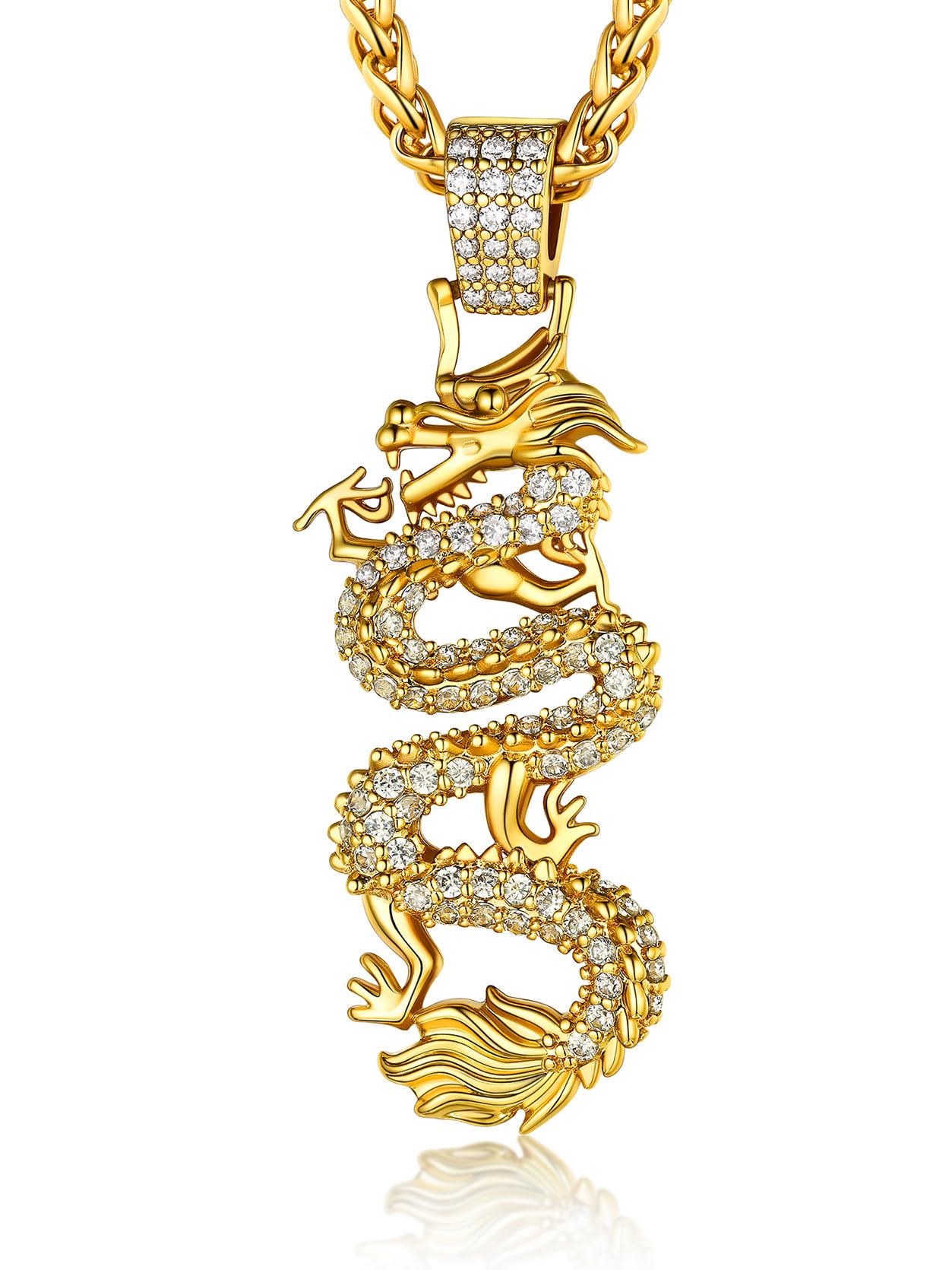 KeyStyle Gold Plated Dragon Pendant Necklace for Women with Cubic Zirconia Chinese Religious Necklace for Men & Women Amulet Pendant Necklaces Anniversary Jewelry Gift