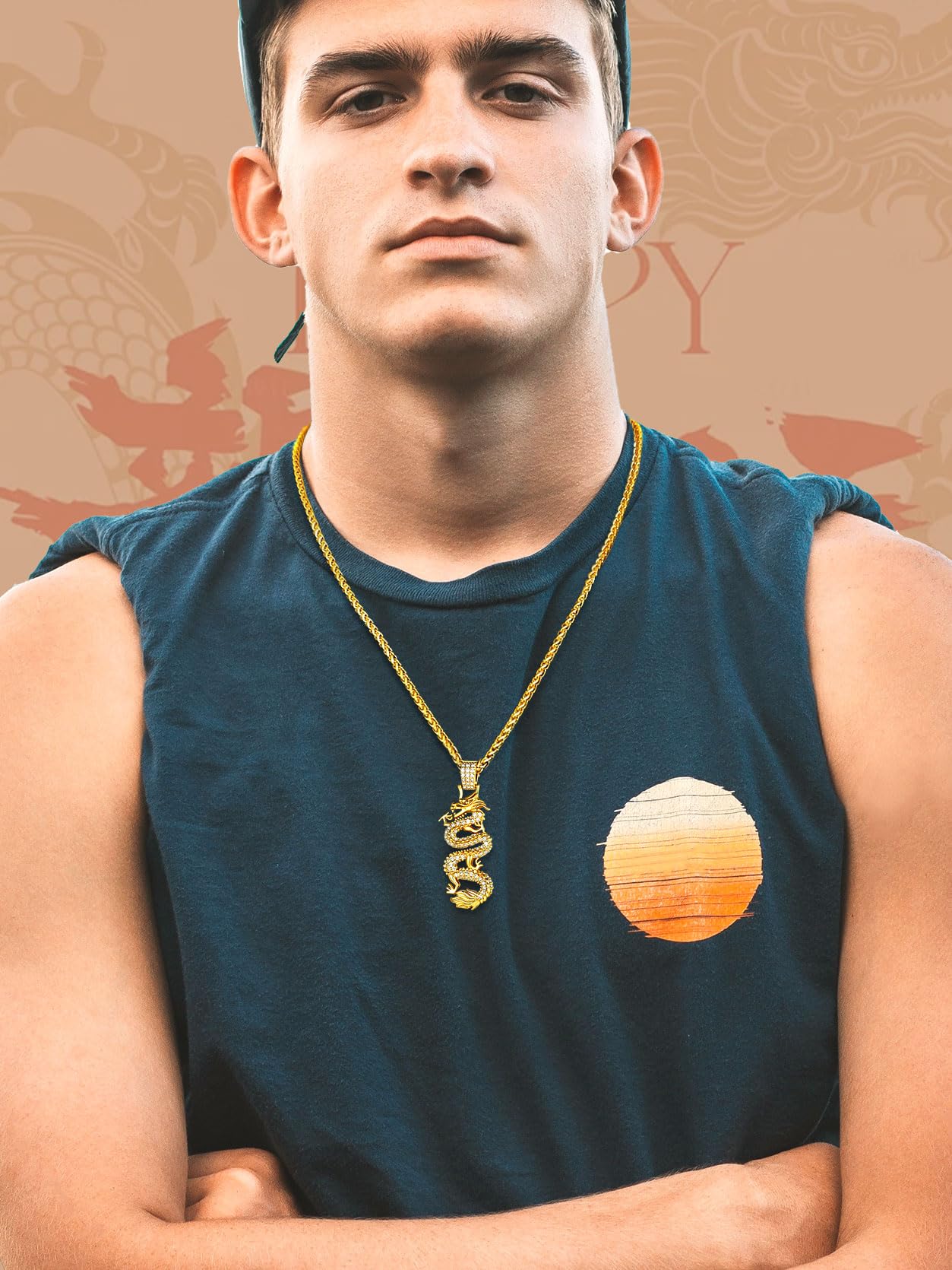 KeyStyle Gold Plated Dragon Pendant Necklace for Women with Cubic Zirconia Chinese Religious Necklace for Men & Women Amulet Pendant Necklaces Anniversary Jewelry Gift