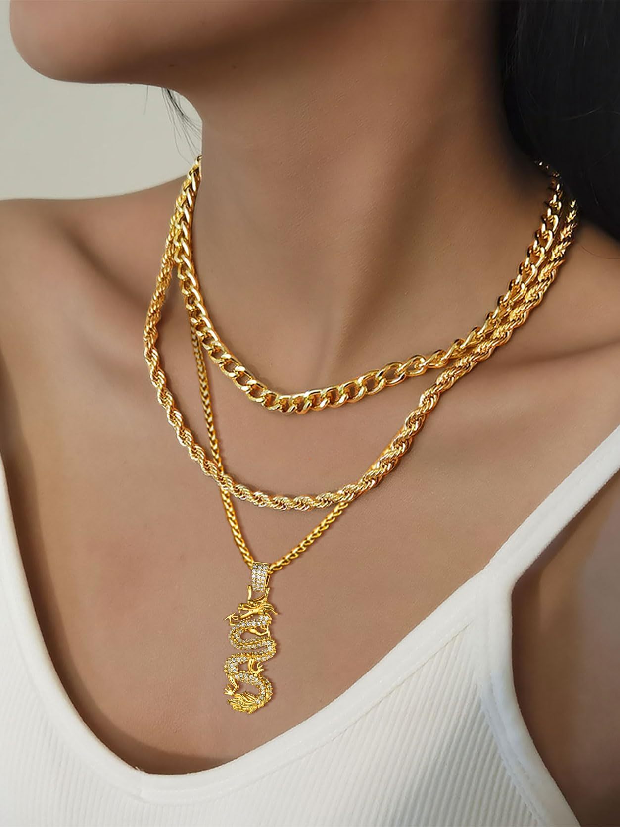 KeyStyle Gold Plated Dragon Pendant Necklace for Women with Cubic Zirconia Chinese Religious Necklace for Men & Women Amulet Pendant Necklaces Anniversary Jewelry Gift