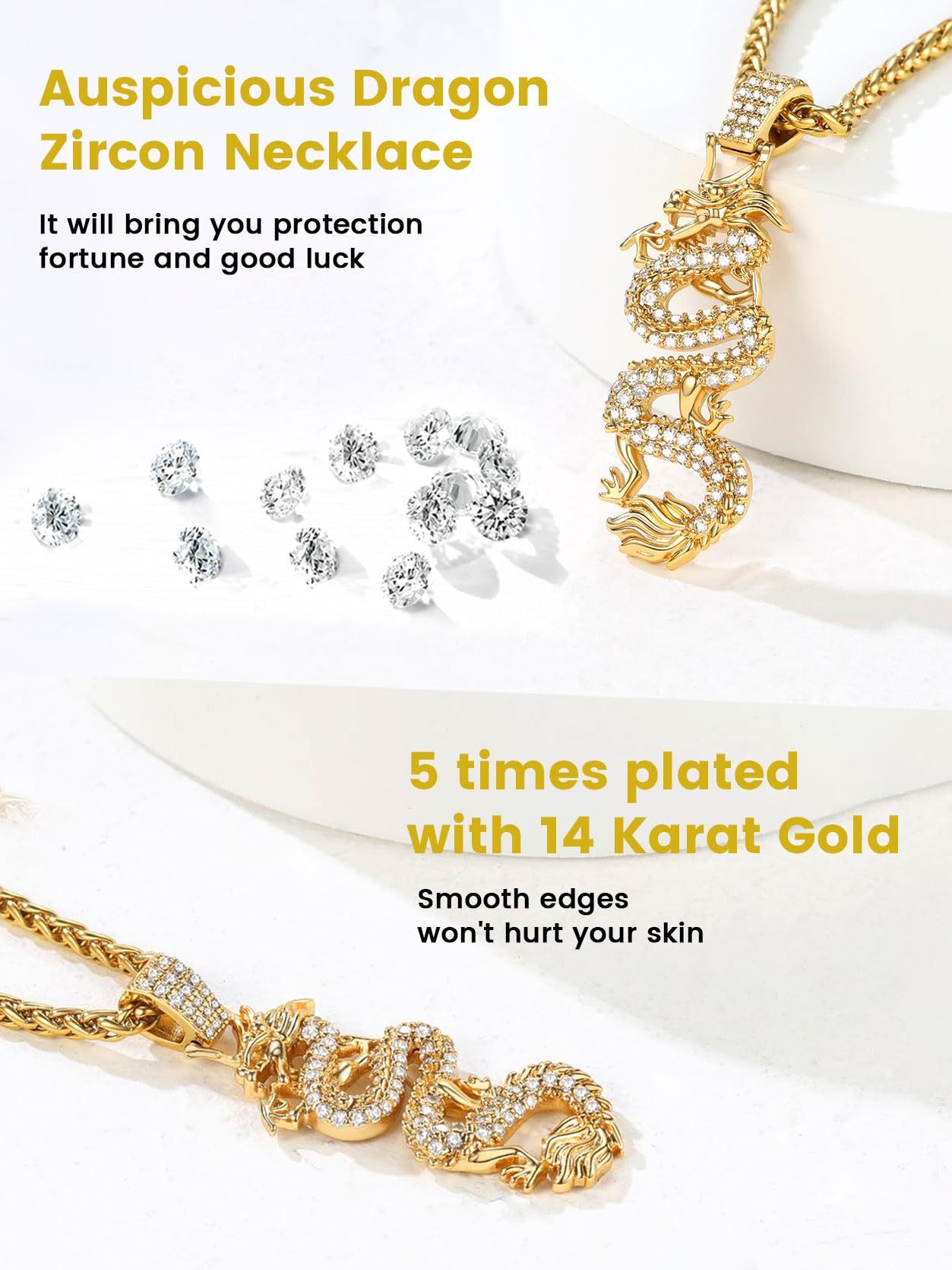 KeyStyle Gold Plated Dragon Pendant Necklace for Women with Cubic Zirconia Chinese Religious Necklace for Men & Women Amulet Pendant Necklaces Anniversary Jewelry Gift