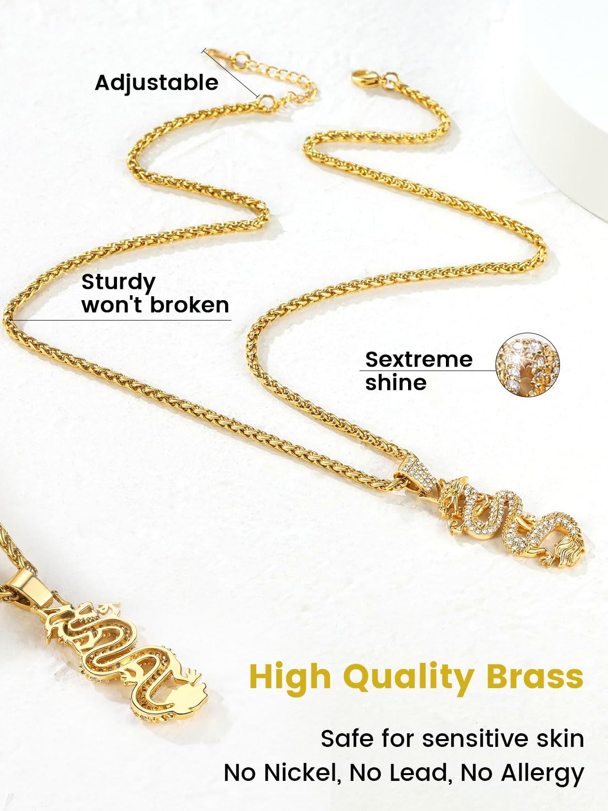 KeyStyle Gold Plated Dragon Pendant Necklace for Women with Cubic Zirconia Chinese Religious Necklace for Men & Women Amulet Pendant Necklaces Anniversary Jewelry Gift