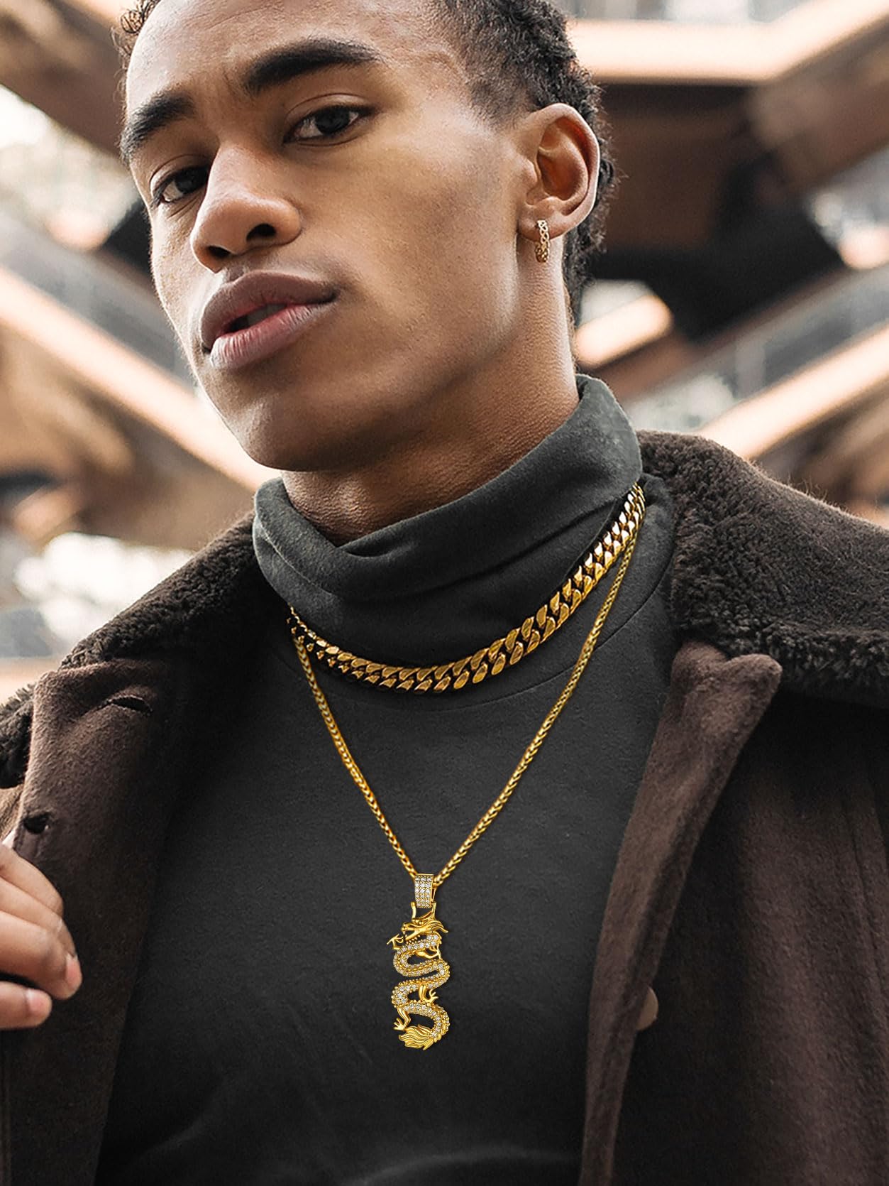 KeyStyle Gold Plated Dragon Pendant Necklace for Women with Cubic Zirconia Chinese Religious Necklace for Men & Women Amulet Pendant Necklaces Anniversary Jewelry Gift