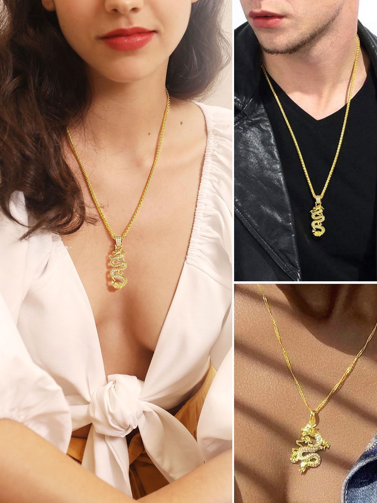 KeyStyle Gold Plated Dragon Pendant Necklace for Women with Cubic Zirconia Chinese Religious Necklace for Men & Women Amulet Pendant Necklaces Anniversary Jewelry Gift