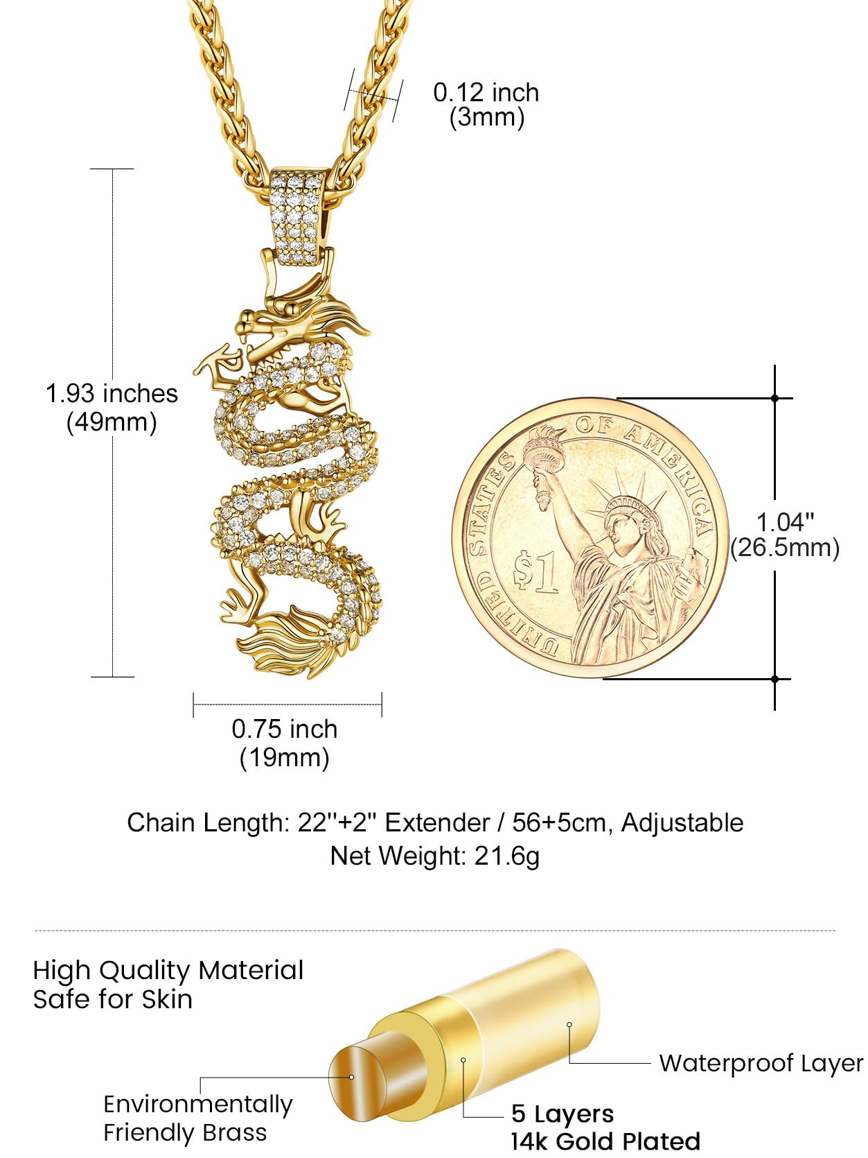 KeyStyle Gold Plated Dragon Pendant Necklace for Women with Cubic Zirconia Chinese Religious Necklace for Men & Women Amulet Pendant Necklaces Anniversary Jewelry Gift