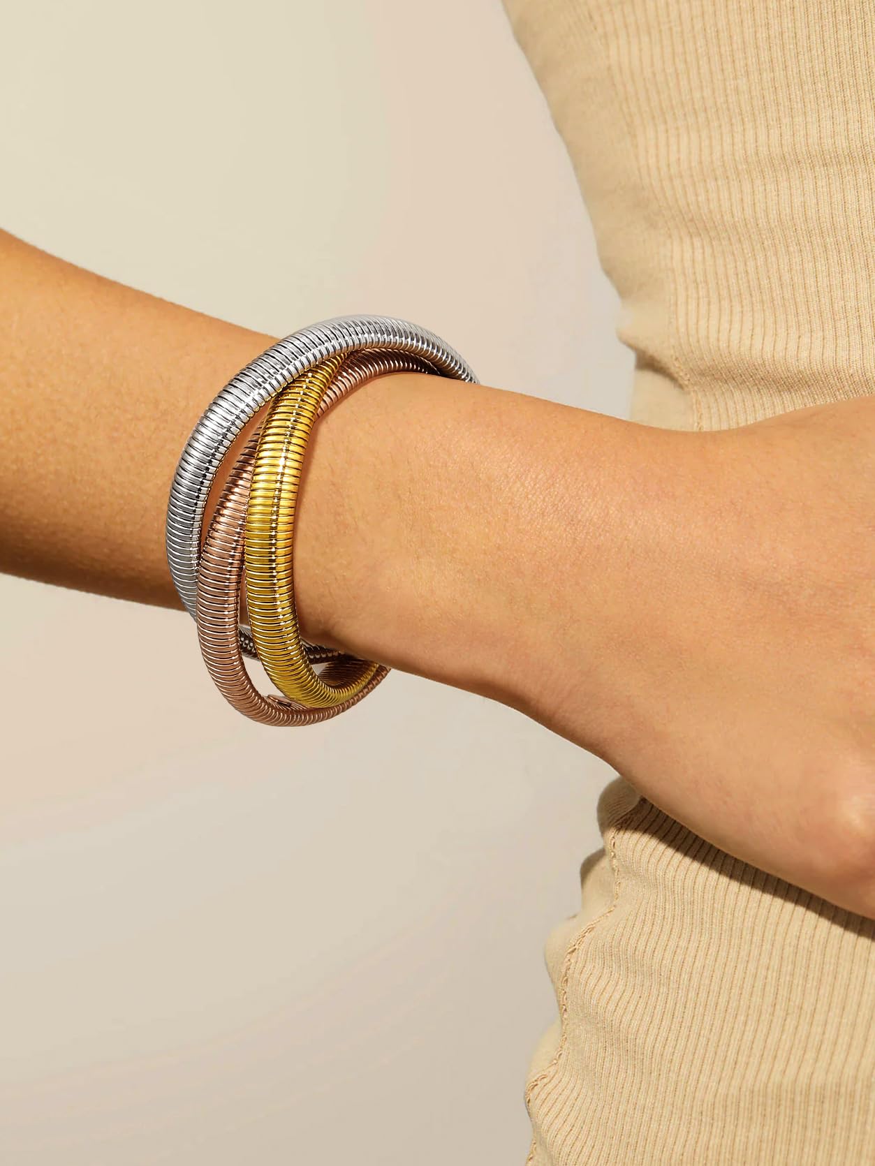 KeyStyle Bangle Bracelets for Women Snake Cobra Wide Bangle Bracelets Flexible Stretch Three Tone Twisted Bands Bracelet Birthday Jewelry Gift for Women