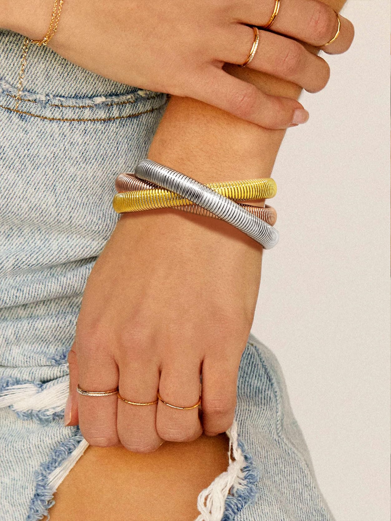 KeyStyle Bangle Bracelets for Women Snake Cobra Wide Bangle Bracelets Flexible Stretch Three Tone Twisted Bands Bracelet Birthday Jewelry Gift for Women