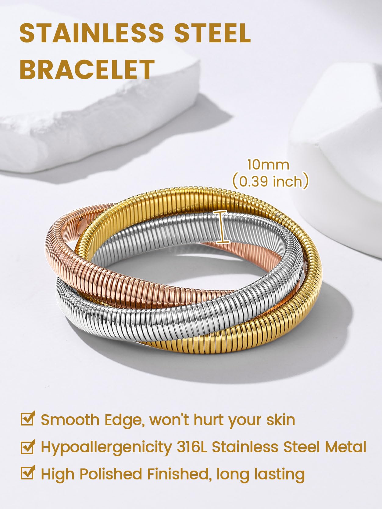 KeyStyle Bangle Bracelets for Women Snake Cobra Wide Bangle Bracelets Flexible Stretch Three Tone Twisted Bands Bracelet Birthday Jewelry Gift for Women
