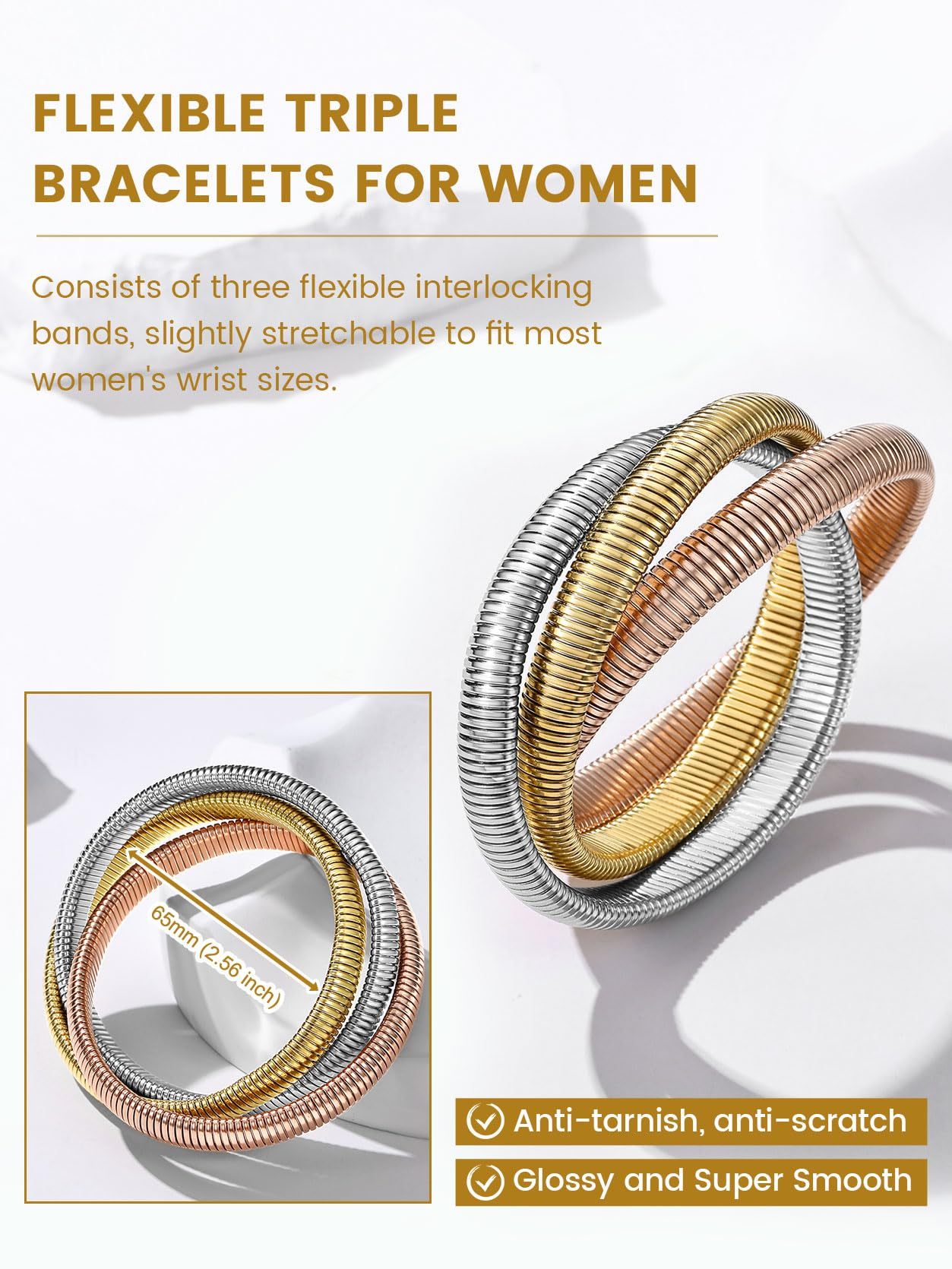KeyStyle Bangle Bracelets for Women Snake Cobra Wide Bangle Bracelets Flexible Stretch Three Tone Twisted Bands Bracelet Birthday Jewelry Gift for Women