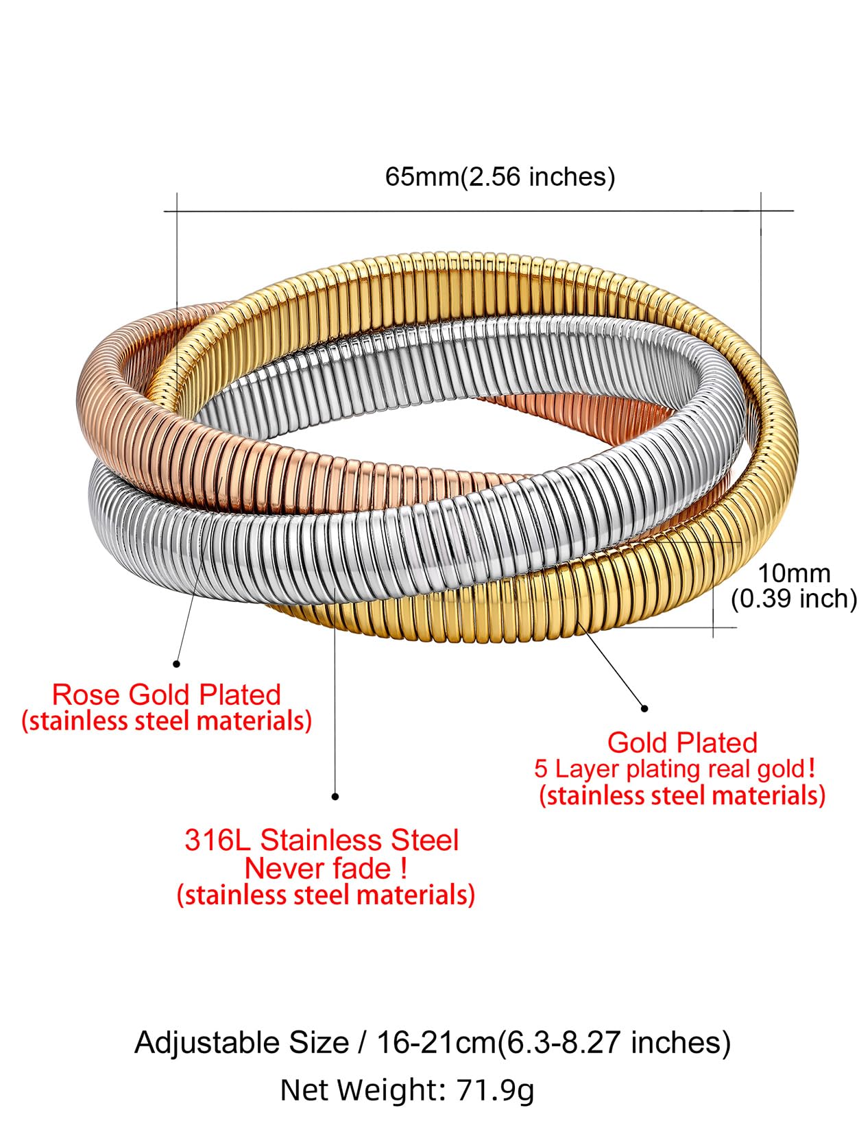 KeyStyle Bangle Bracelets for Women Snake Cobra Wide Bangle Bracelets Flexible Stretch Three Tone Twisted Bands Bracelet Birthday Jewelry Gift for Women