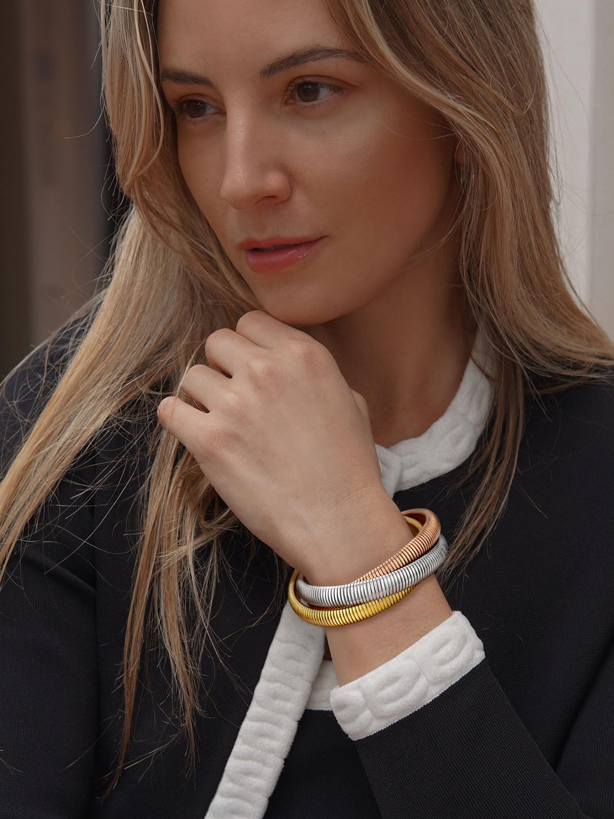 KeyStyle Bangle Bracelets for Women Snake Cobra Wide Bangle Bracelets Flexible Stretch Three Tone Twisted Bands Bracelet Birthday Jewelry Gift for Women