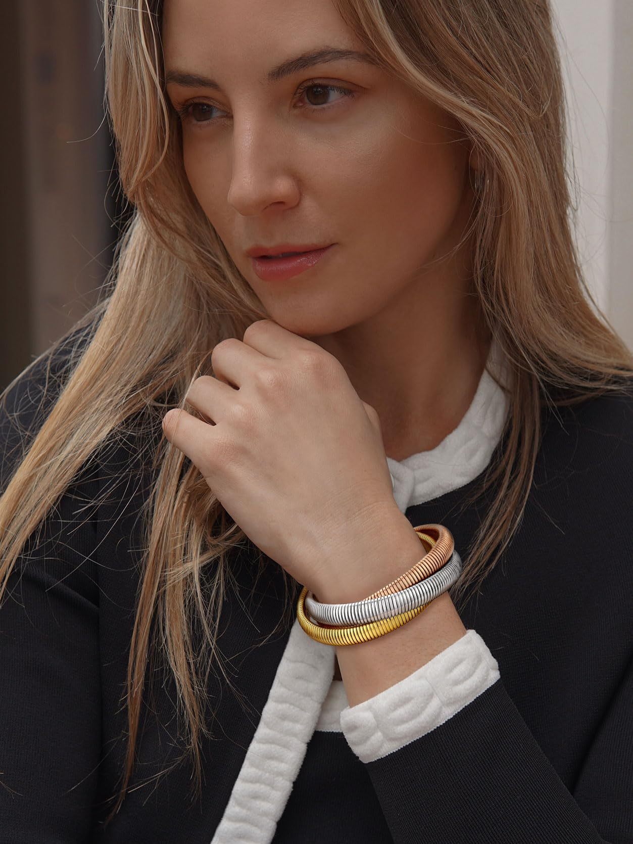 KeyStyle Bangle Bracelets for Women Snake Cobra Wide Bangle Bracelets Flexible Stretch Three Tone Twisted Bands Bracelet Birthday Jewelry Gift for Women