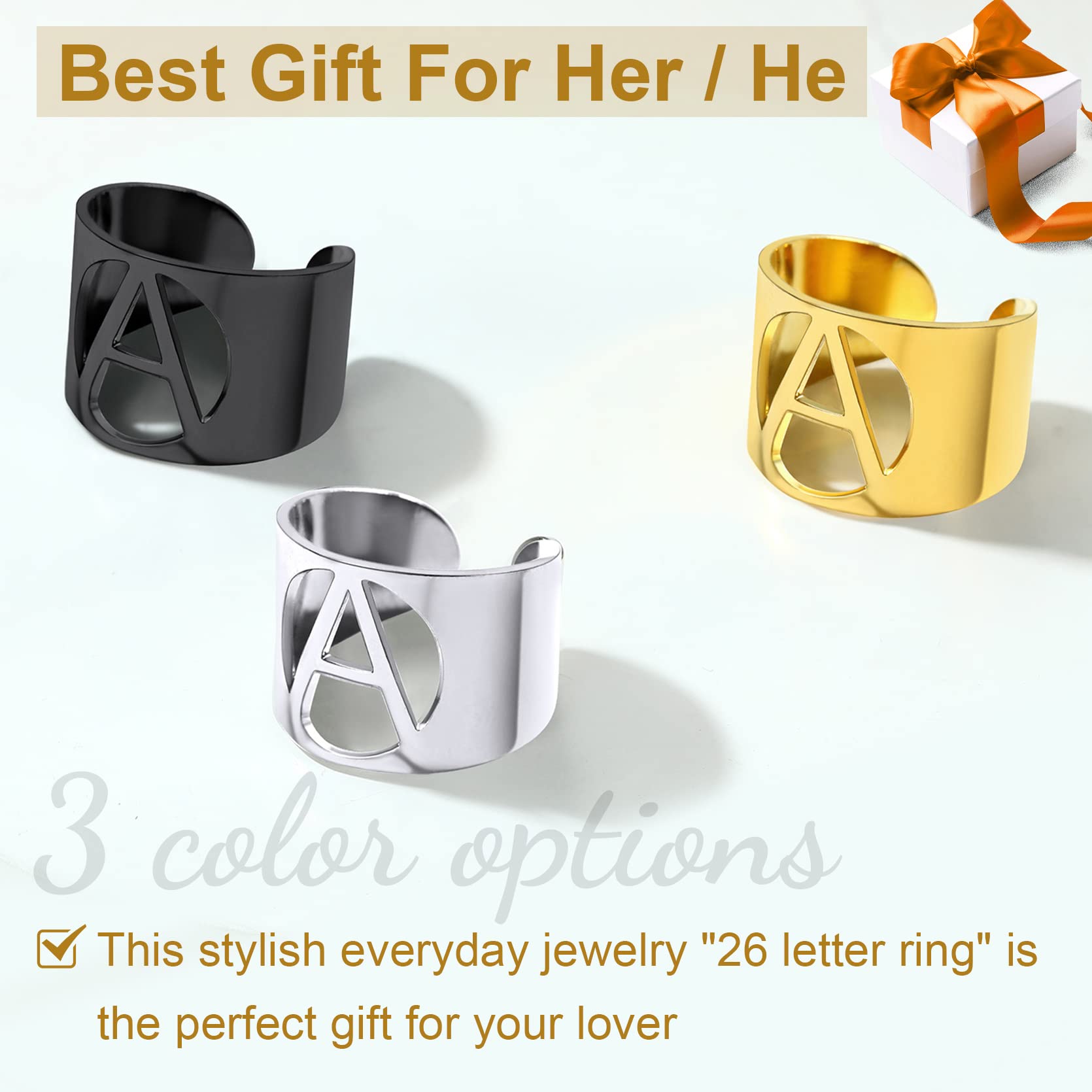 KeyStyle Gold Plated Initial Rings for Women Letter Statement Cuff Rings for Men Adjustable Jewelry Birthday Gift for Women