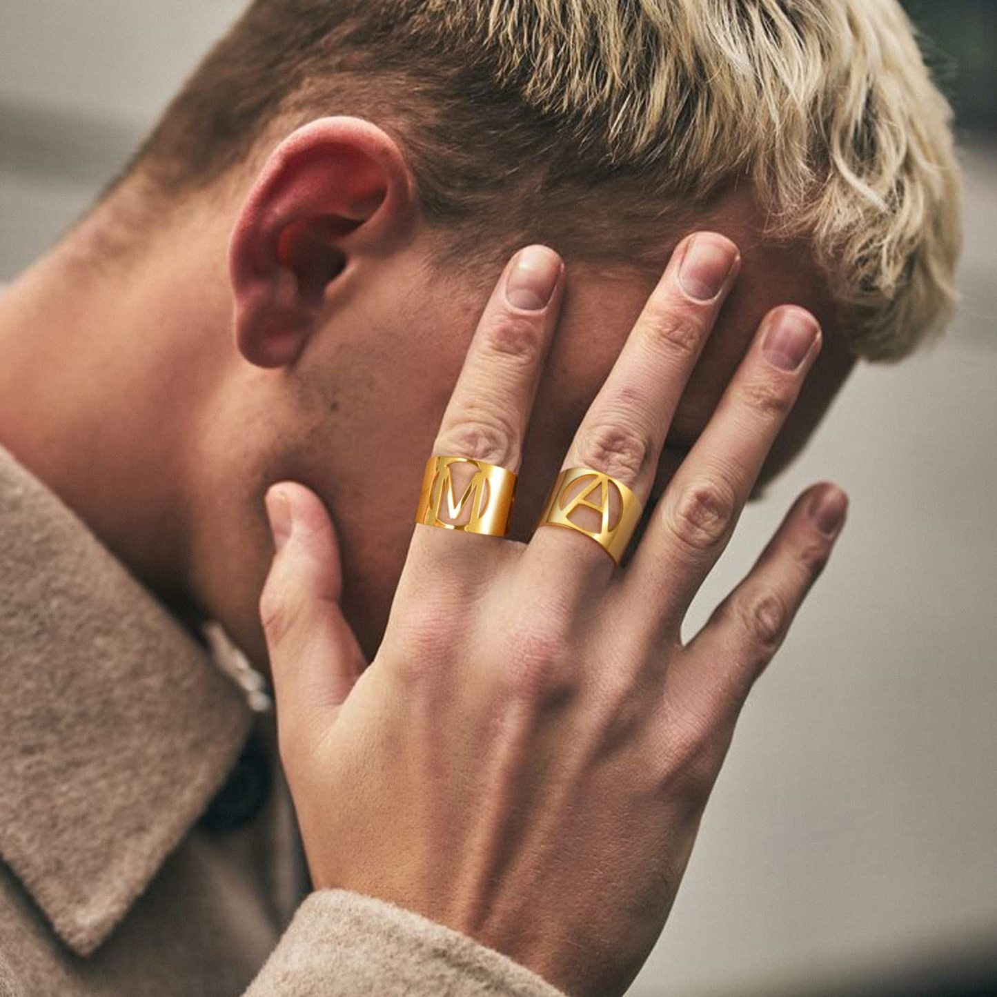 KeyStyle Gold Plated Initial Rings for Women Letter Statement Cuff Rings for Men Adjustable Jewelry Birthday Gift for Women