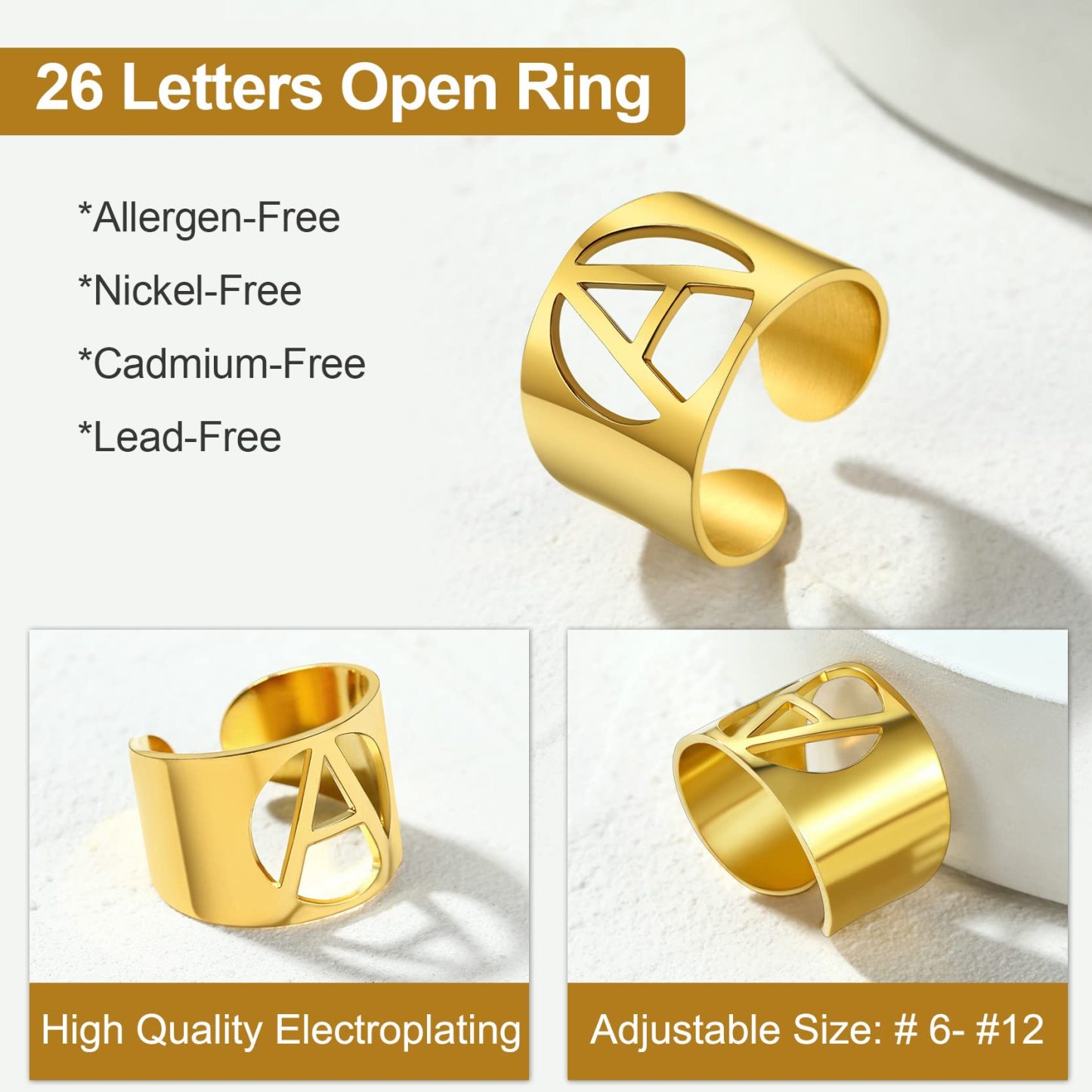 KeyStyle Gold Plated Initial Rings for Women Letter Statement Cuff Rings for Men Adjustable Jewelry Birthday Gift for Women