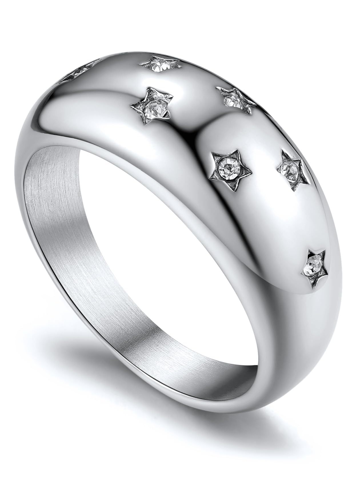 KeyStyle Dome Ring for Women Chunky Band Rings with Cubic Zirconia Stainless Steel Stacking Croissant Statement Ring Birthday Jewelry Gift for Her, Size 7-12