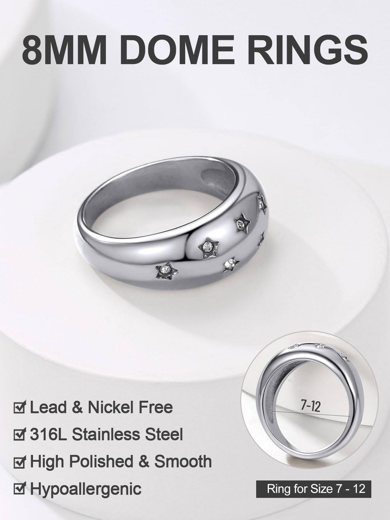 KeyStyle Dome Ring for Women Chunky Band Rings with Cubic Zirconia Stainless Steel Stacking Croissant Statement Ring Birthday Jewelry Gift for Her, Size 7-12