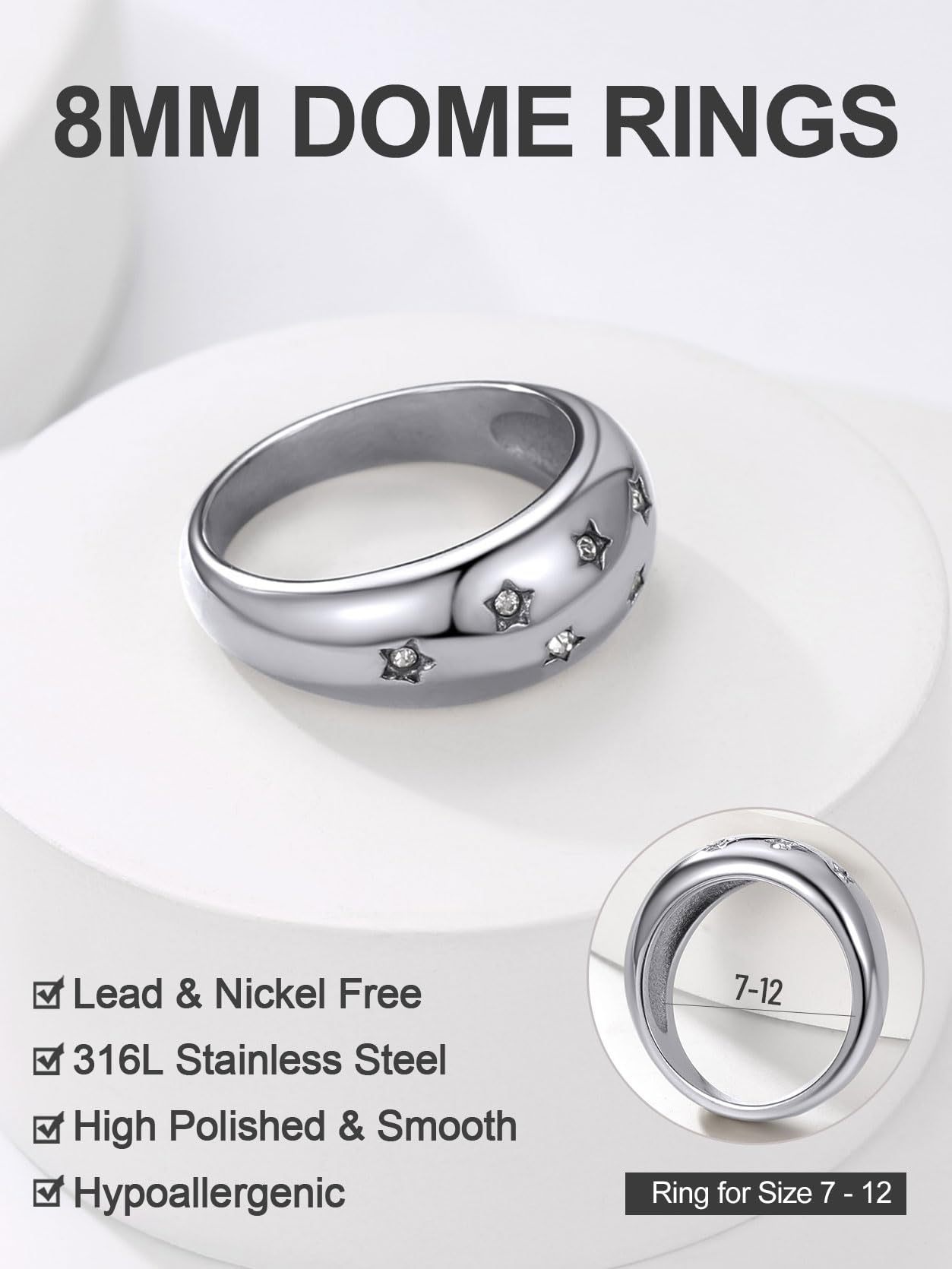 KeyStyle Dome Ring for Women Chunky Band Rings with Cubic Zirconia Stainless Steel Stacking Croissant Statement Ring Birthday Jewelry Gift for Her, Size 7-12