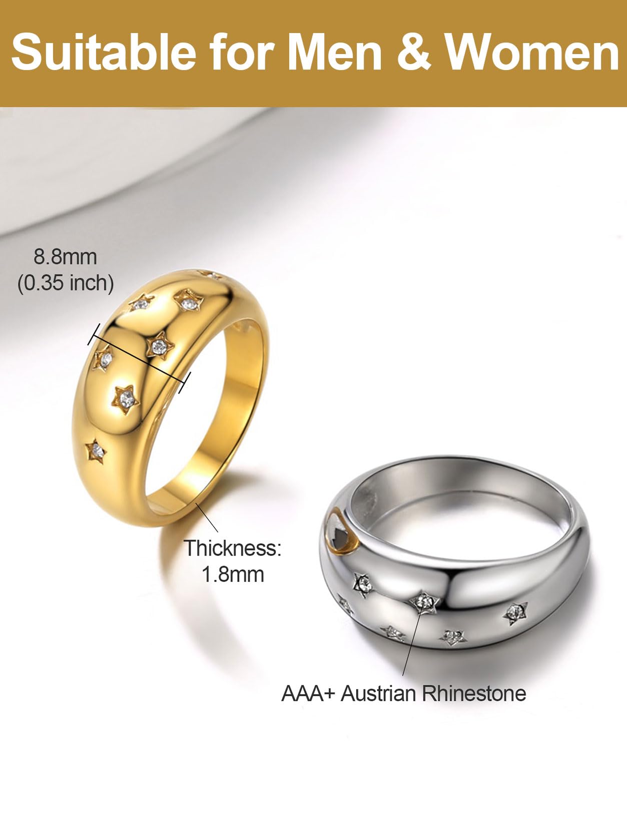 KeyStyle Dome Ring for Women Chunky Band Rings with Cubic Zirconia Stainless Steel Stacking Croissant Statement Ring Birthday Jewelry Gift for Her, Size 7-12