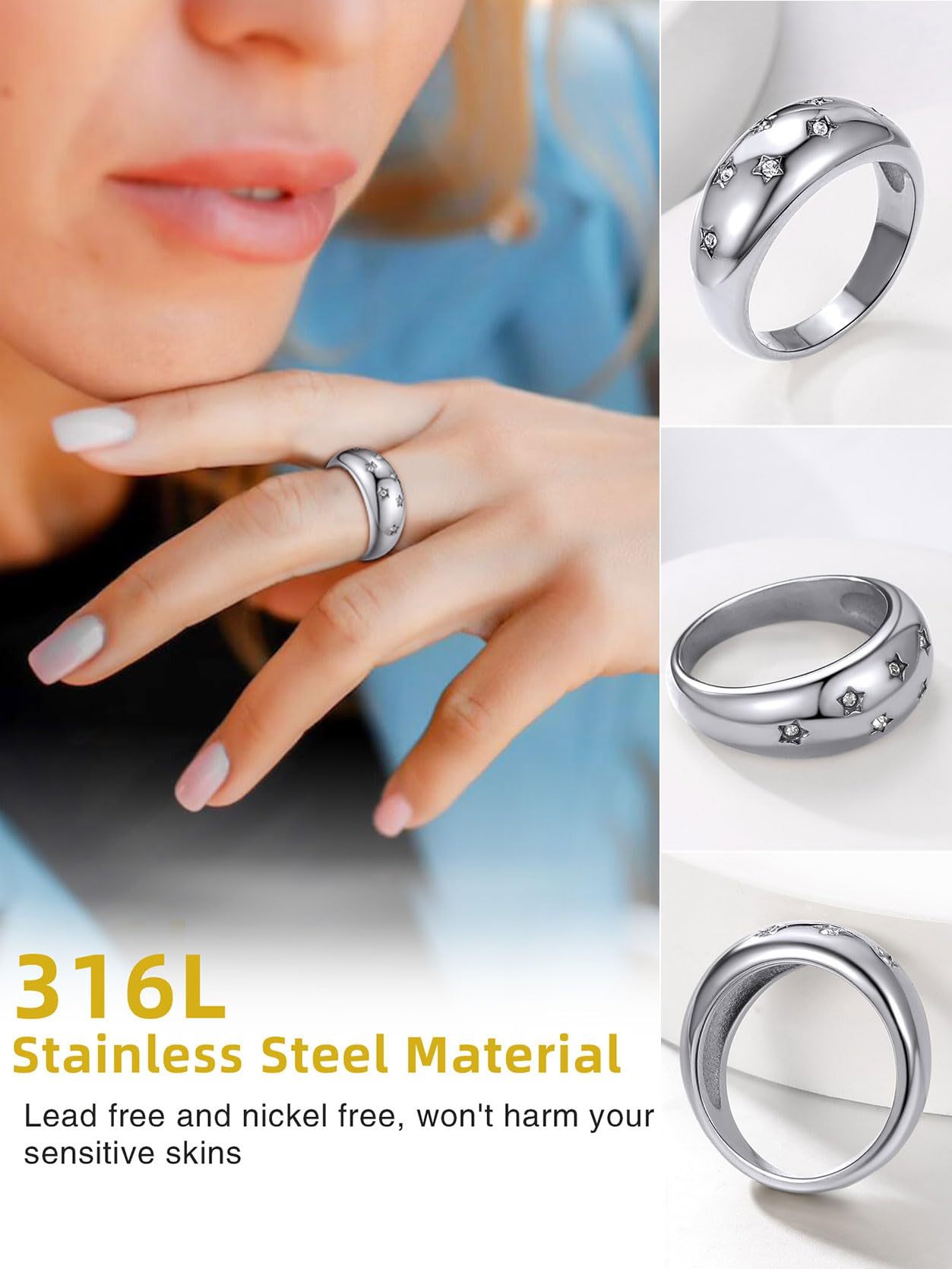 KeyStyle Dome Ring for Women Chunky Band Rings with Cubic Zirconia Stainless Steel Stacking Croissant Statement Ring Birthday Jewelry Gift for Her, Size 7-12