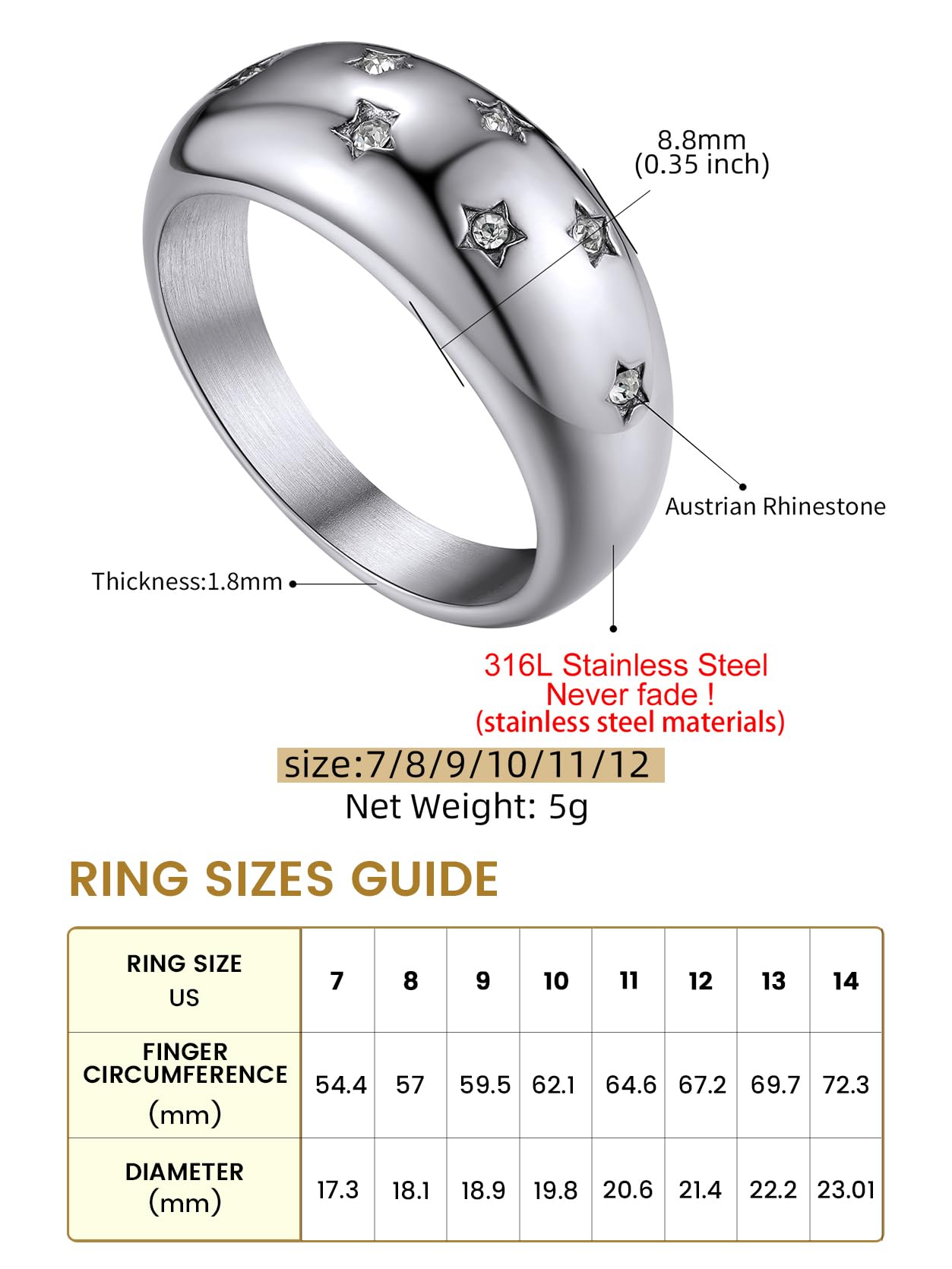 KeyStyle Dome Ring for Women Chunky Band Rings with Cubic Zirconia Stainless Steel Stacking Croissant Statement Ring Birthday Jewelry Gift for Her, Size 7-12