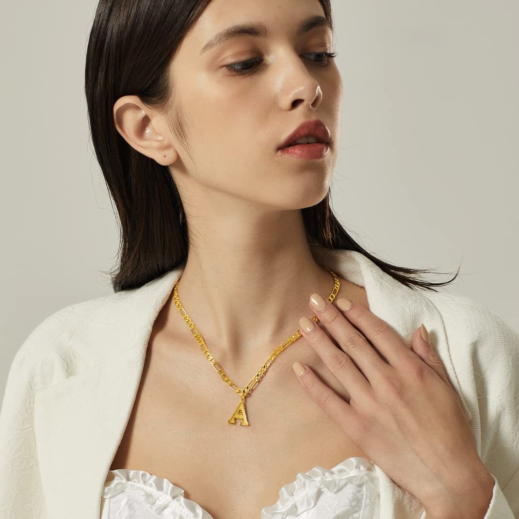 KeyStyle Initial Necklace for Women Gold Plated Figaro Chain Initial Pendant Necklace Alphabet Letter Choker Necklaces for Men & Women Birthday Gift for Her