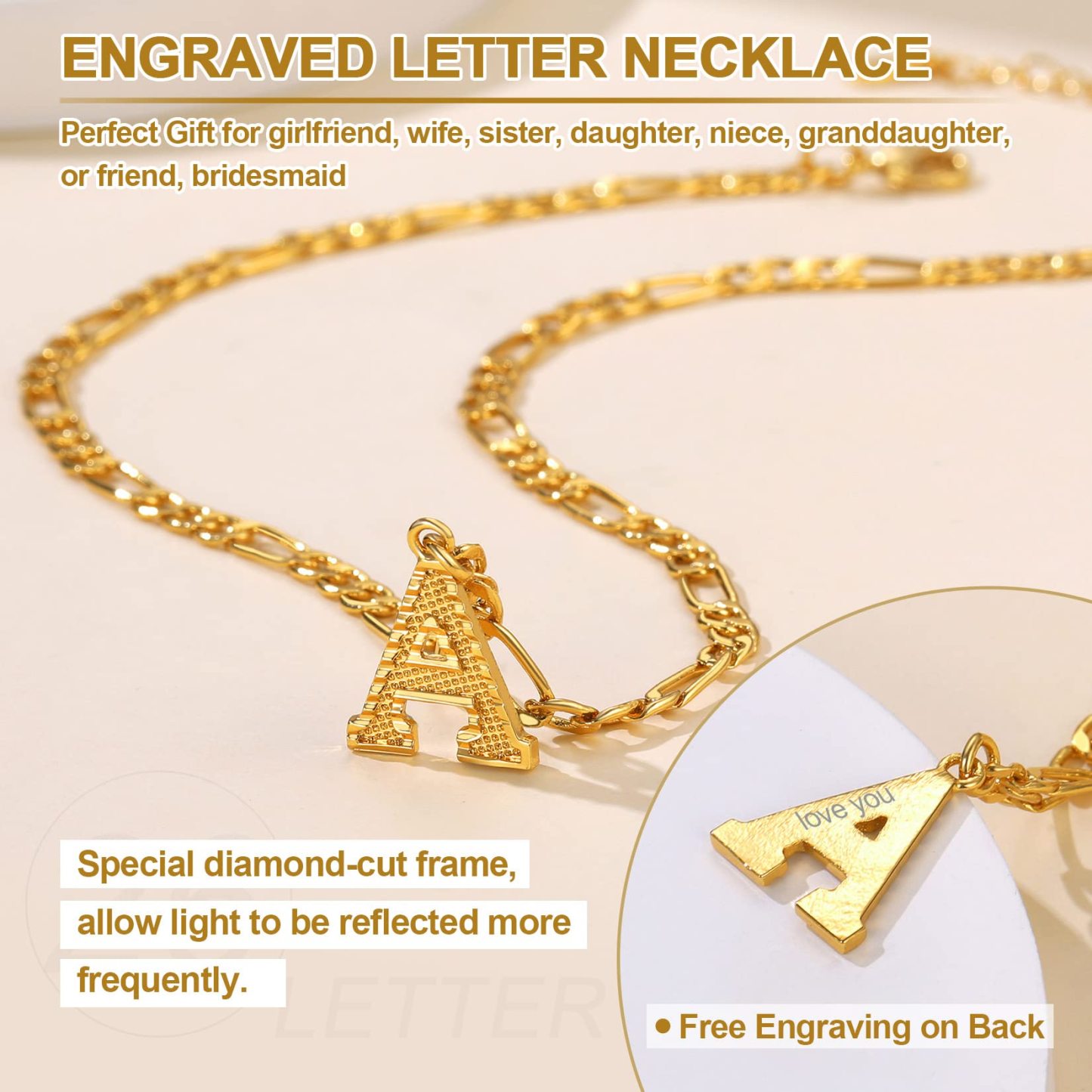 KeyStyle Initial Necklace for Women Gold Plated Figaro Chain Initial Pendant Necklace Alphabet Letter Choker Necklaces for Men & Women Birthday Gift for Her