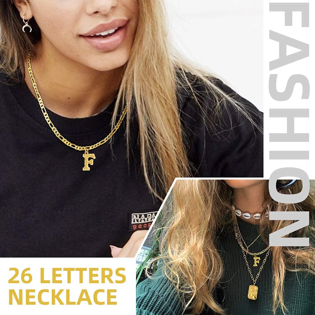 KeyStyle Initial Necklace for Women Gold Plated Figaro Chain Initial Pendant Necklace Alphabet Letter Choker Necklaces for Men & Women Birthday Gift for Her