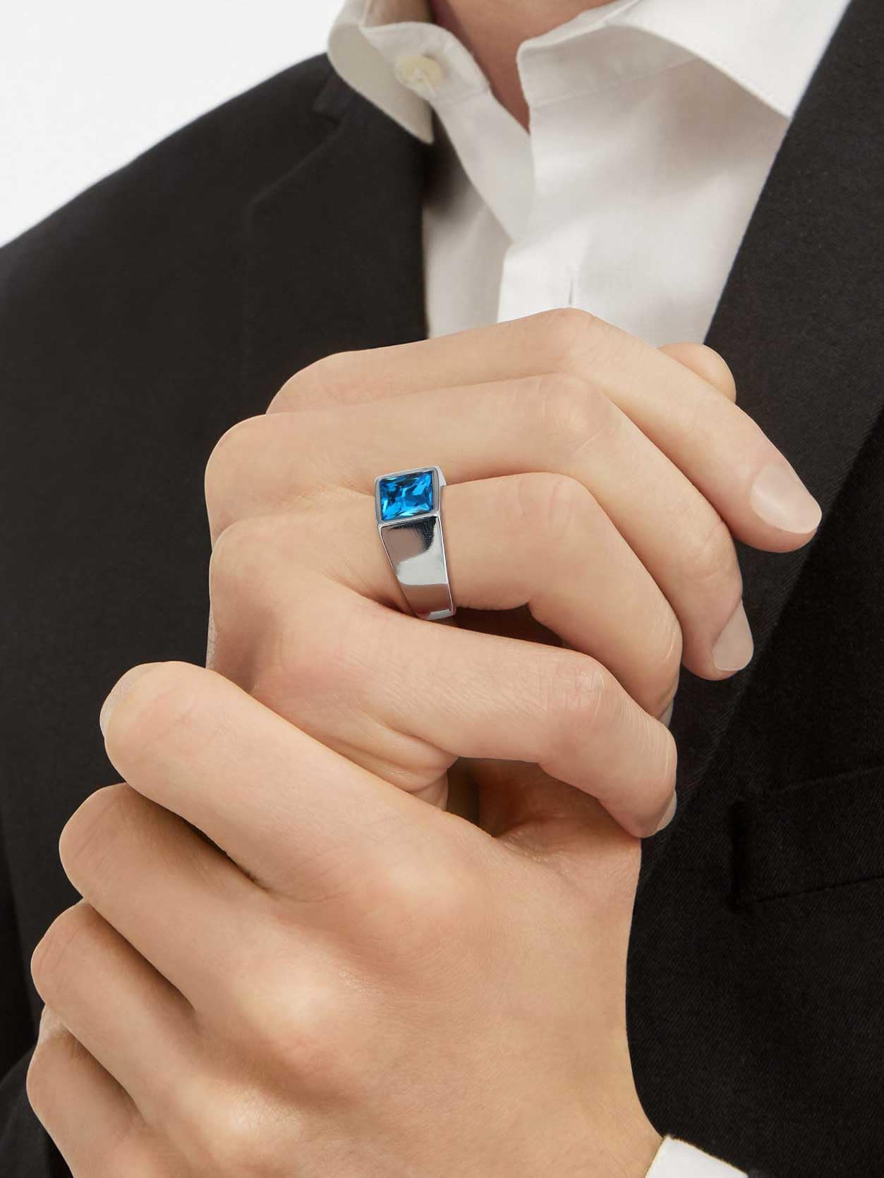 KeyStyle Rings for Men Stainless Steel Statement Ring with Blue Topaz Birthstone Signet Ring Birthday Gemstone Jewelry Gift for Men, 8mm Blue Topaz