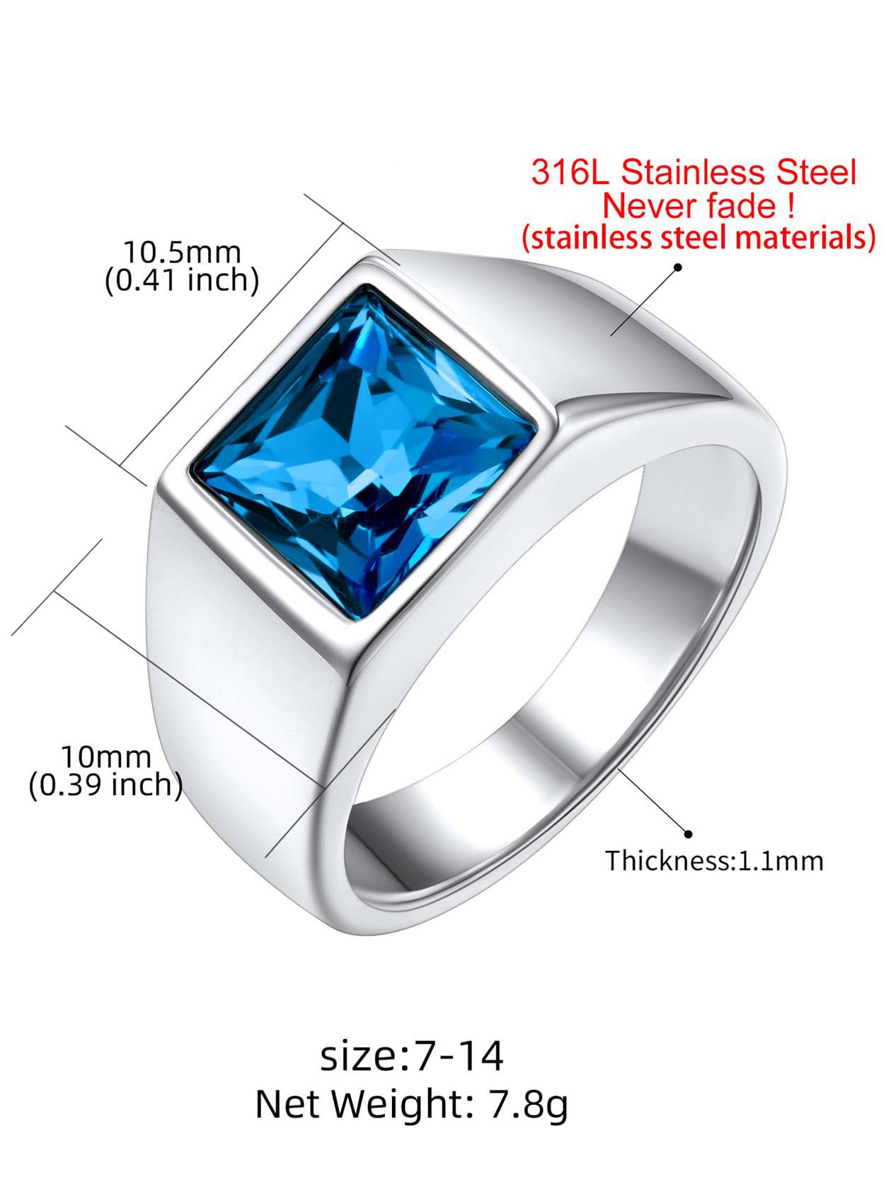KeyStyle Rings for Men Stainless Steel Statement Ring with Blue Topaz Birthstone Signet Ring Birthday Gemstone Jewelry Gift for Men, 8mm Blue Topaz