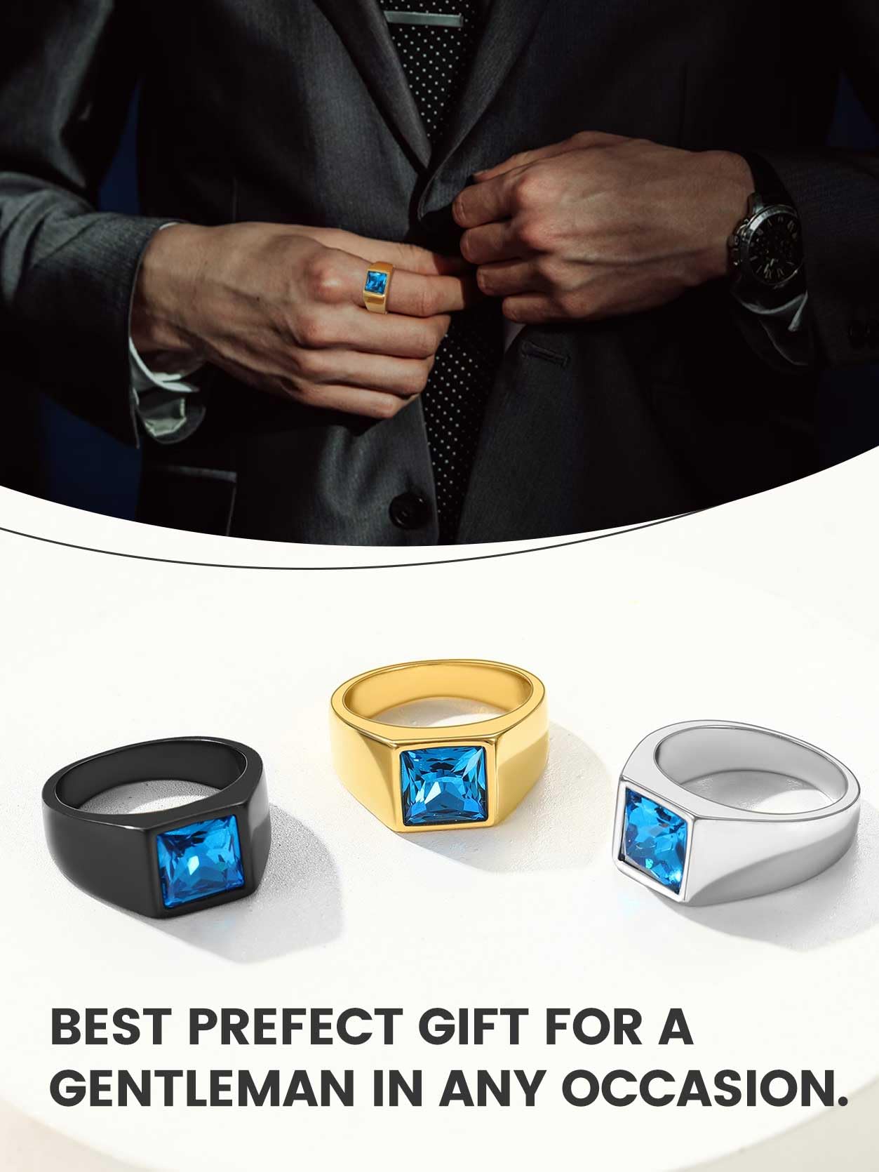 KeyStyle Rings for Men Stainless Steel Statement Ring with Blue Topaz Birthstone Signet Ring Birthday Gemstone Jewelry Gift for Men, 8mm Blue Topaz