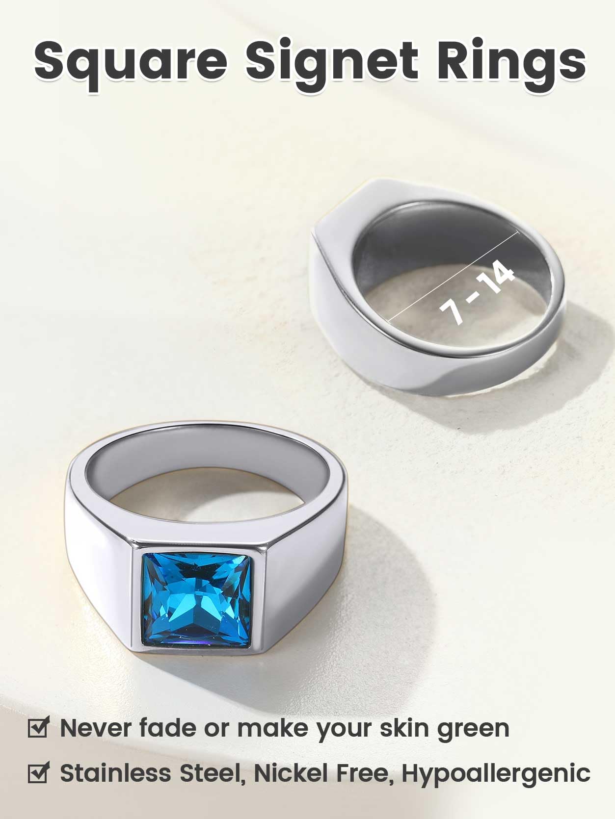 KeyStyle Rings for Men Stainless Steel Statement Ring with Blue Topaz Birthstone Signet Ring Birthday Gemstone Jewelry Gift for Men, 8mm Blue Topaz