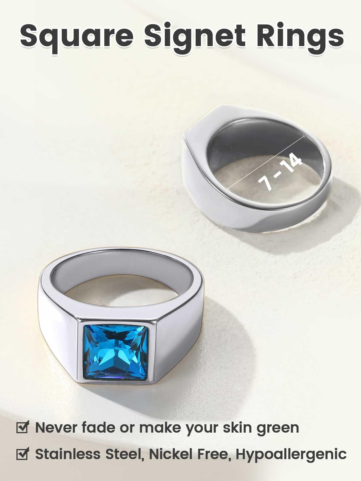 KeyStyle Rings for Men Stainless Steel Statement Ring with Blue Topaz Birthstone Signet Ring Birthday Gemstone Jewelry Gift for Men, 8mm Blue Topaz