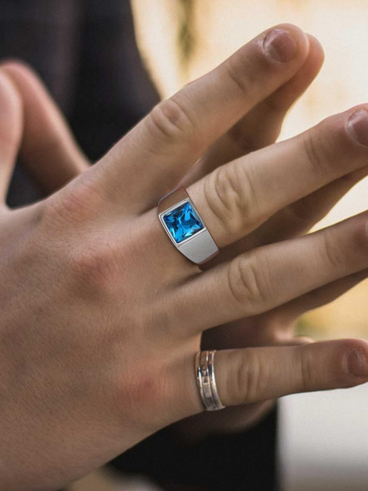 KeyStyle Rings for Men Stainless Steel Statement Ring with Blue Topaz Birthstone Signet Ring Birthday Gemstone Jewelry Gift for Men, 8mm Blue Topaz