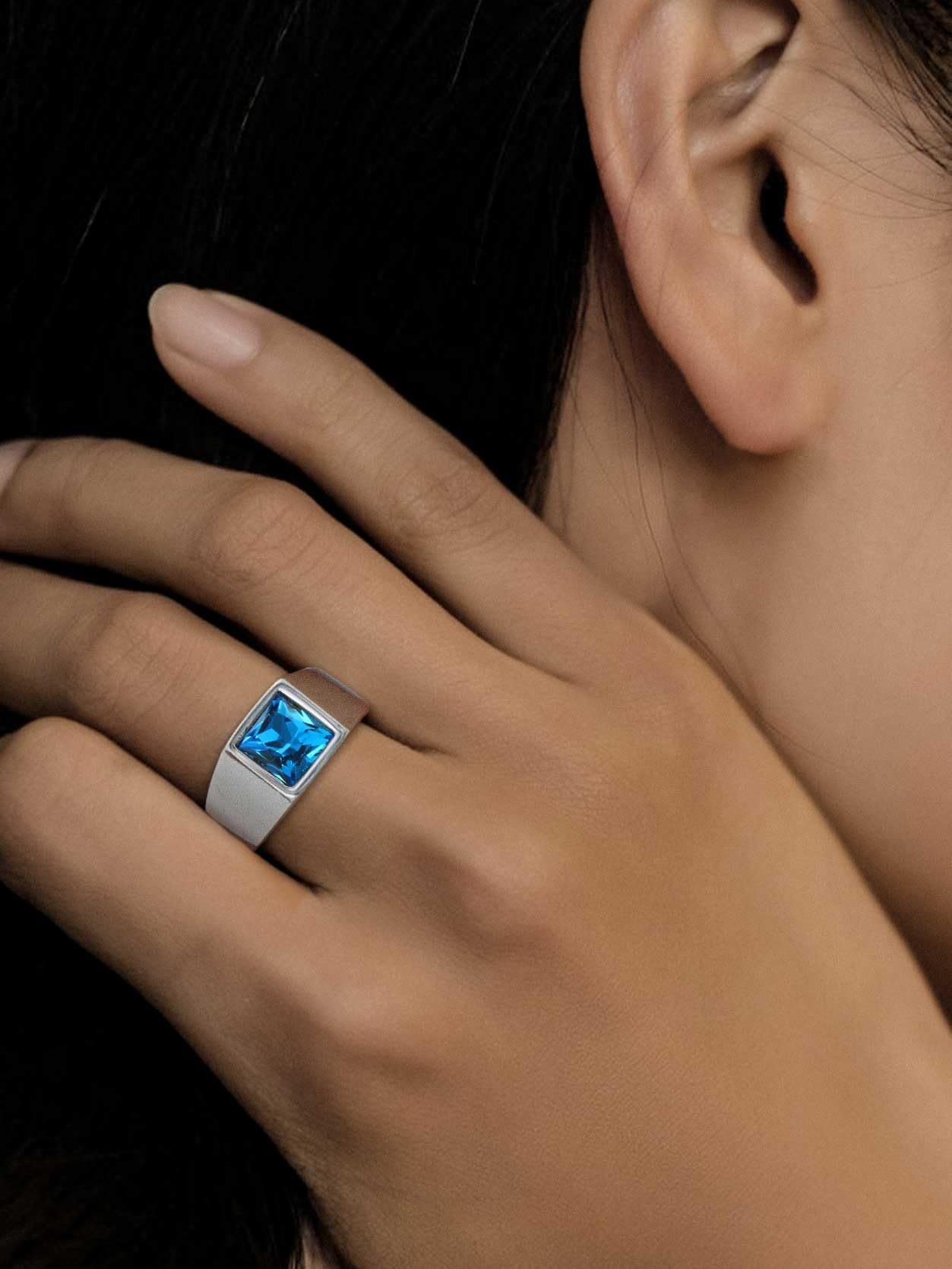 KeyStyle Rings for Men Stainless Steel Statement Ring with Blue Topaz Birthstone Signet Ring Birthday Gemstone Jewelry Gift for Men, 8mm Blue Topaz