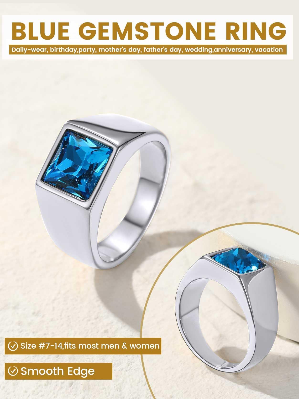 KeyStyle Rings for Men Stainless Steel Statement Ring with Blue Topaz Birthstone Signet Ring Birthday Gemstone Jewelry Gift for Men, 8mm Blue Topaz