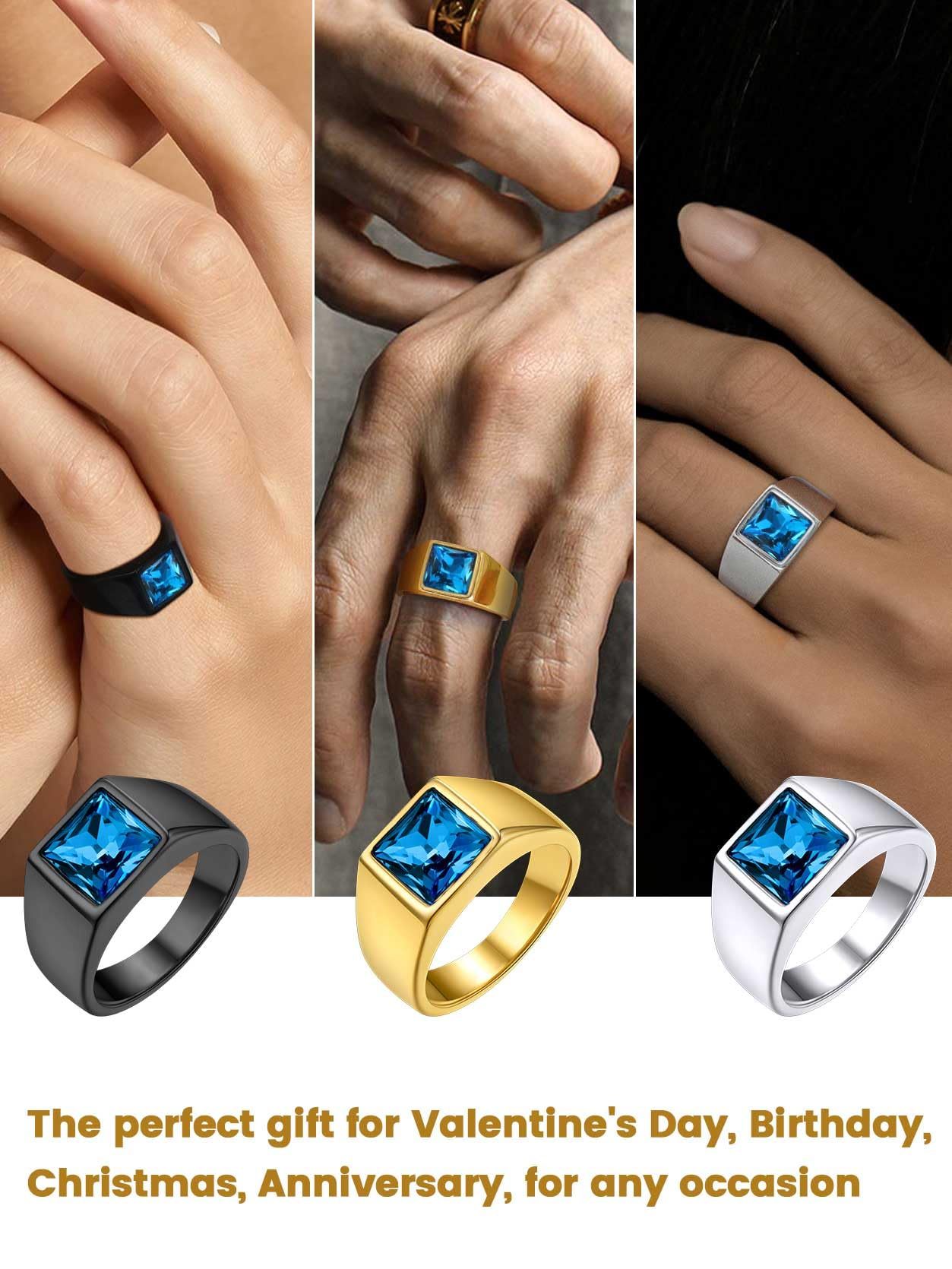 KeyStyle Rings for Men Stainless Steel Statement Ring with Blue Topaz Birthstone Signet Ring Birthday Gemstone Jewelry Gift for Men, 8mm Blue Topaz