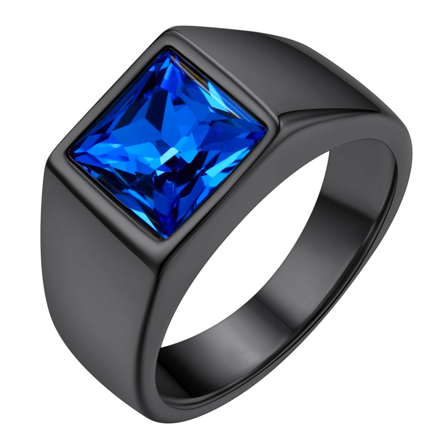 KeyStyle Rings for Men Stainless Steel Statement Ring with Blue Topaz Birthstone Signet Ring Birthday Gemstone Jewelry Gift for Men, 8mm Blue Topaz