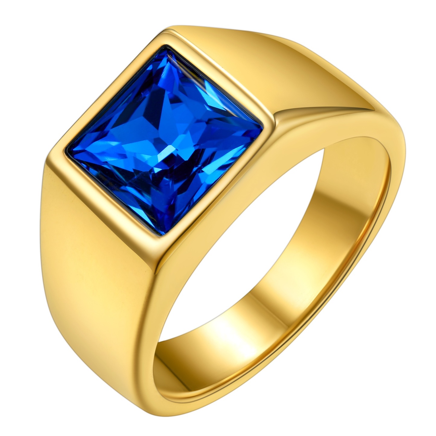 KeyStyle Rings for Men Stainless Steel Statement Ring with Blue Topaz Birthstone Signet Ring Birthday Gemstone Jewelry Gift for Men, 8mm Blue Topaz