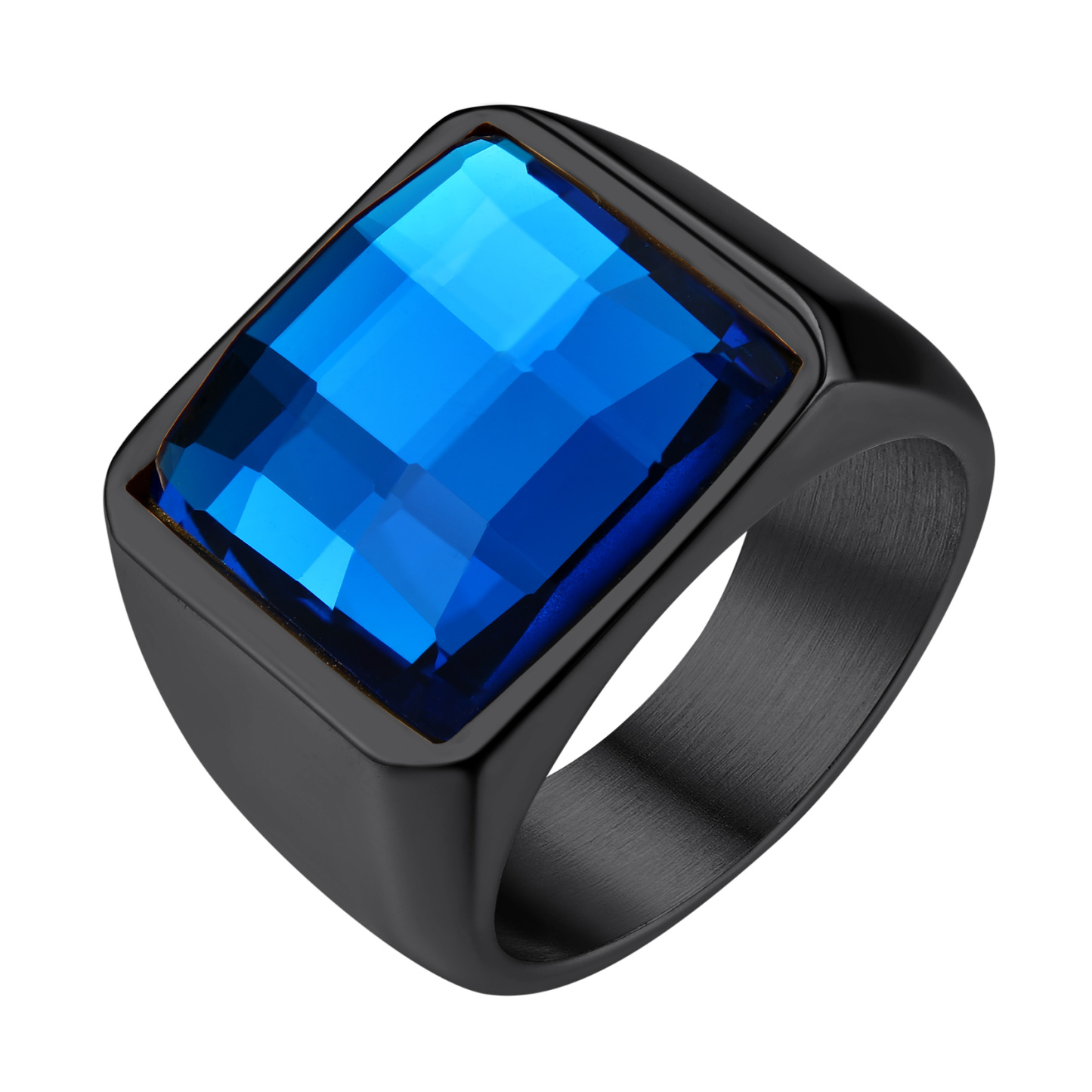 KeyStyle Rings for Men Stainless Steel Statement Ring with Blue Topaz Birthstone Signet Ring Birthday Gemstone Jewelry Gift for Men, 8mm Blue Topaz